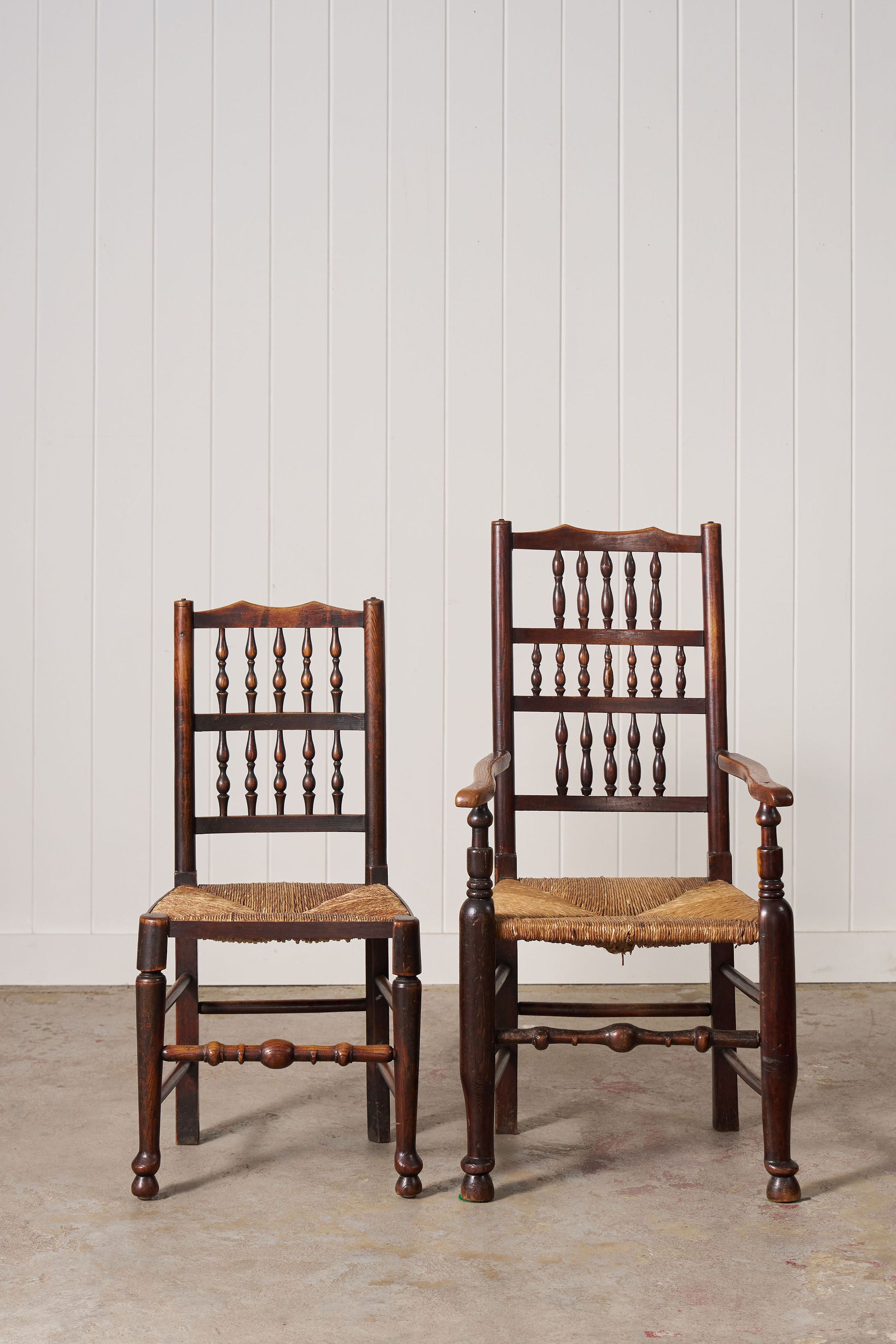 Set of 10 Late 18th Century Oak English Lancaster Spindle Rush Seat Chairs | 2 Arm Chairs & 8 Side Chairs