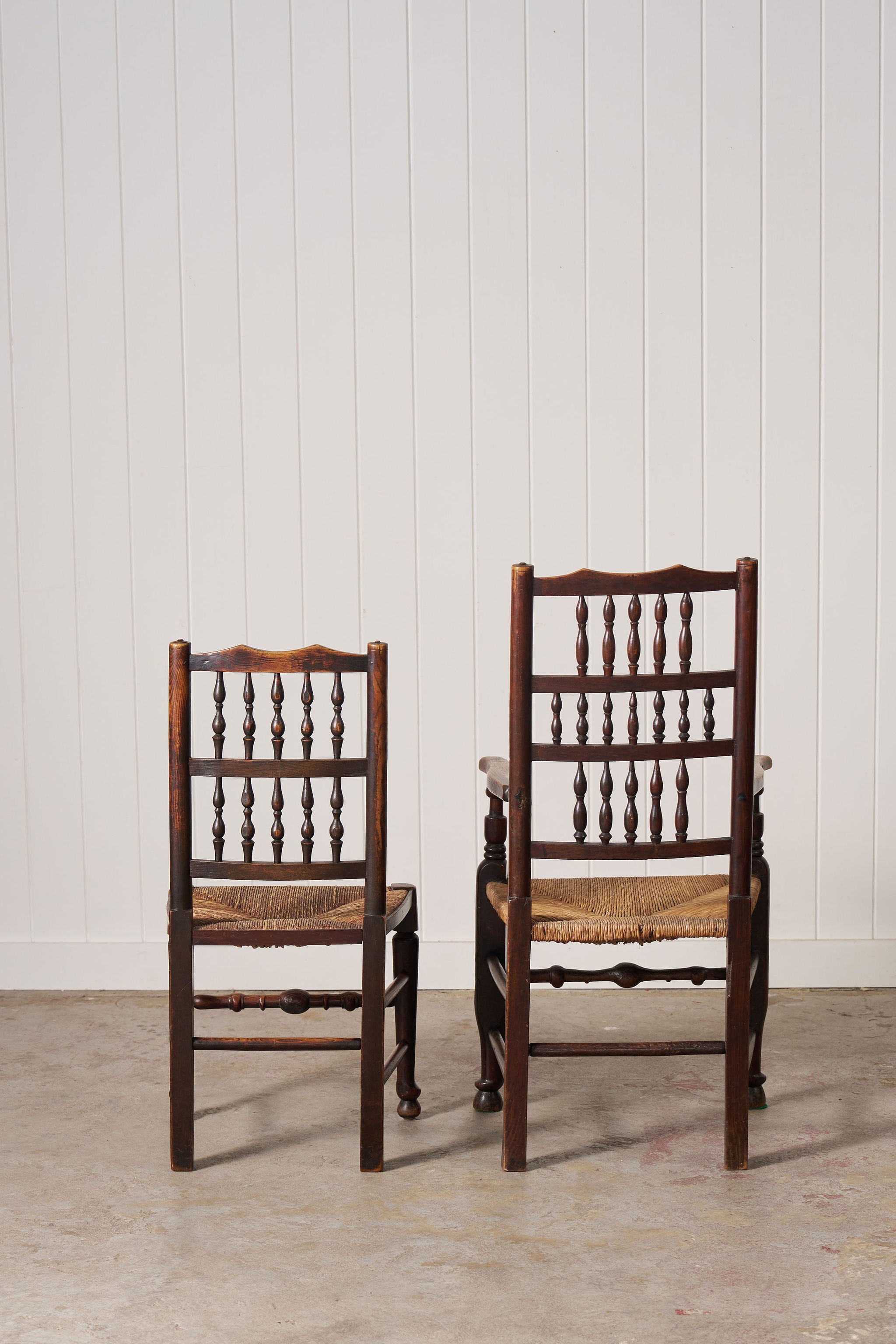 Set of 10 Late 18th Century Oak English Lancaster Spindle Rush Seat Chairs | 2 Arm Chairs & 8 Side Chairs