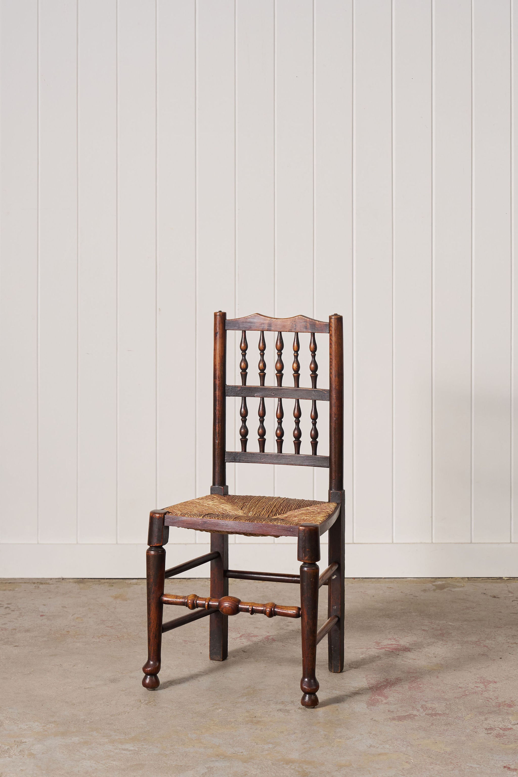 Set of 10 Late 18th Century Oak English Lancaster Spindle Rush Seat Chairs | 2 Arm Chairs & 8 Side Chairs