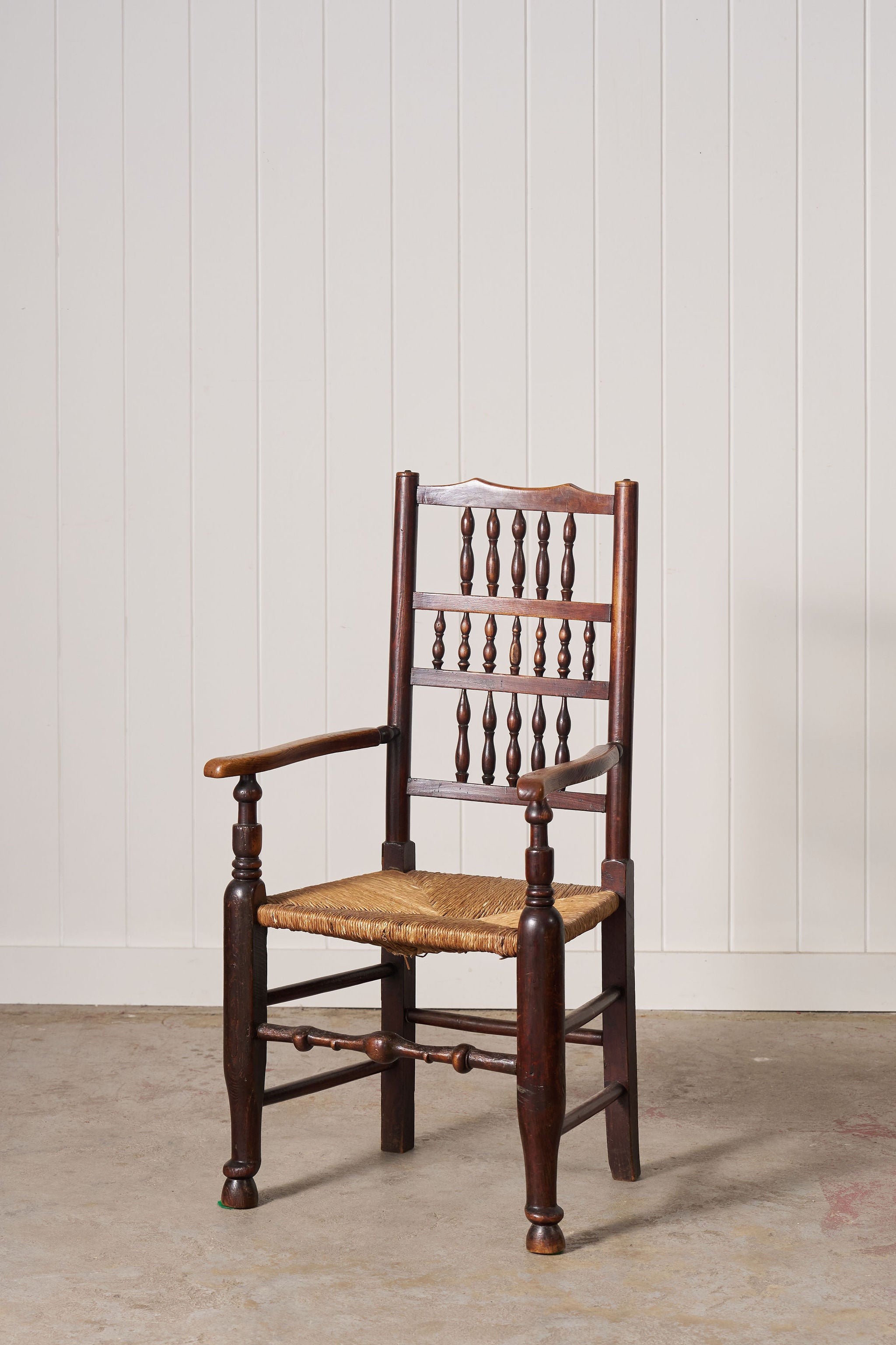 Set of 10 Late 18th Century Oak English Lancaster Spindle Rush Seat Chairs | 2 Arm Chairs & 8 Side Chairs