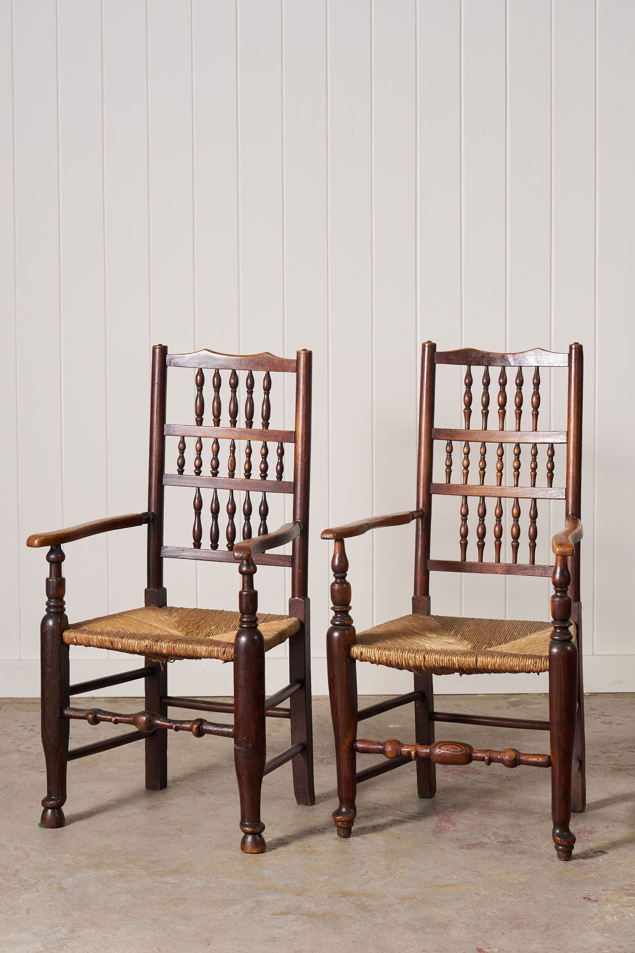 Set of 10 Late 18th Century Oak English Lancaster Spindle Rush Seat Chairs | 2 Arm Chairs & 8 Side Chairs