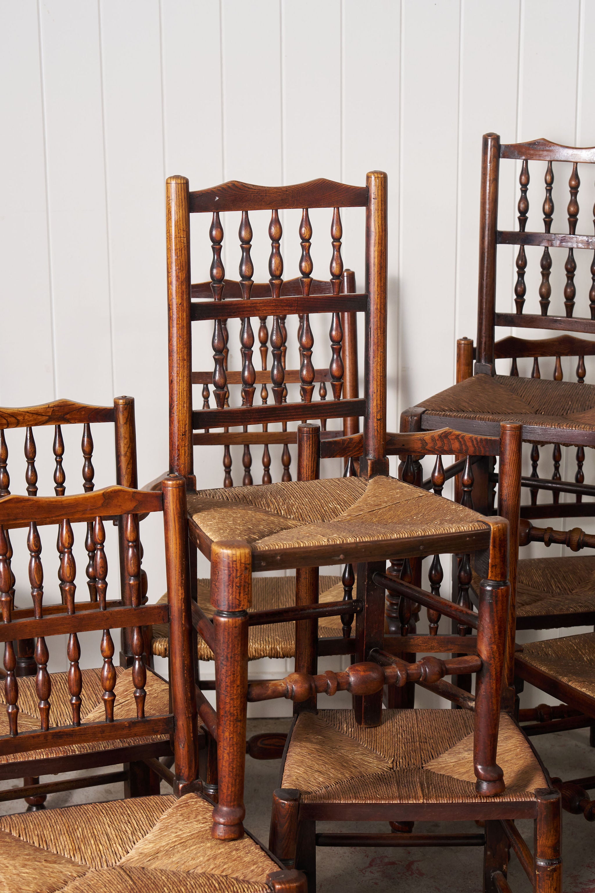 Set of 10 Late 18th Century Oak English Lancaster Spindle Rush Seat Chairs | 2 Arm Chairs & 8 Side Chairs
