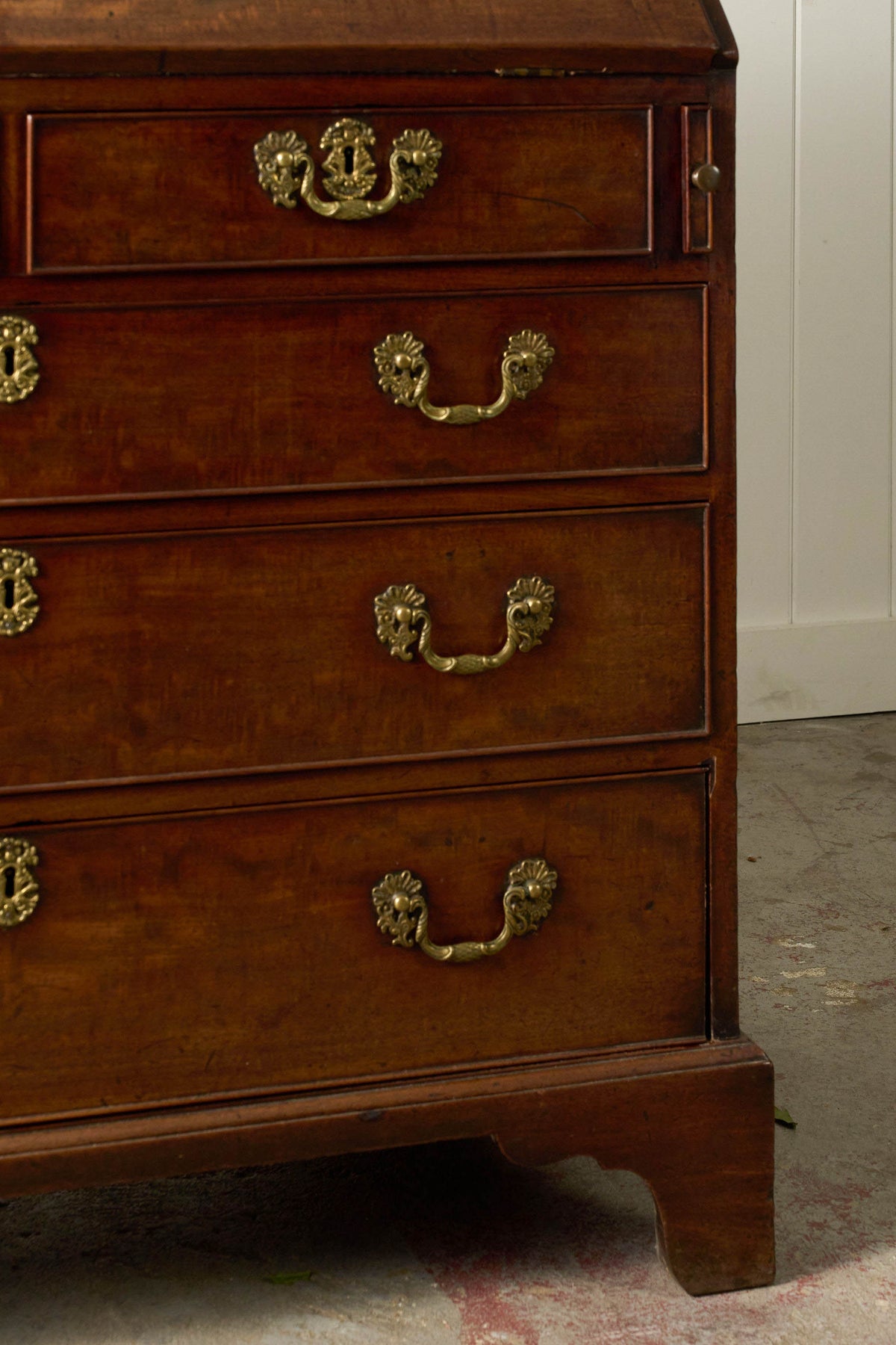 Early Georgian Mahogany Bureau on Bracket Feet + Green Leather Interior (c. 1730)