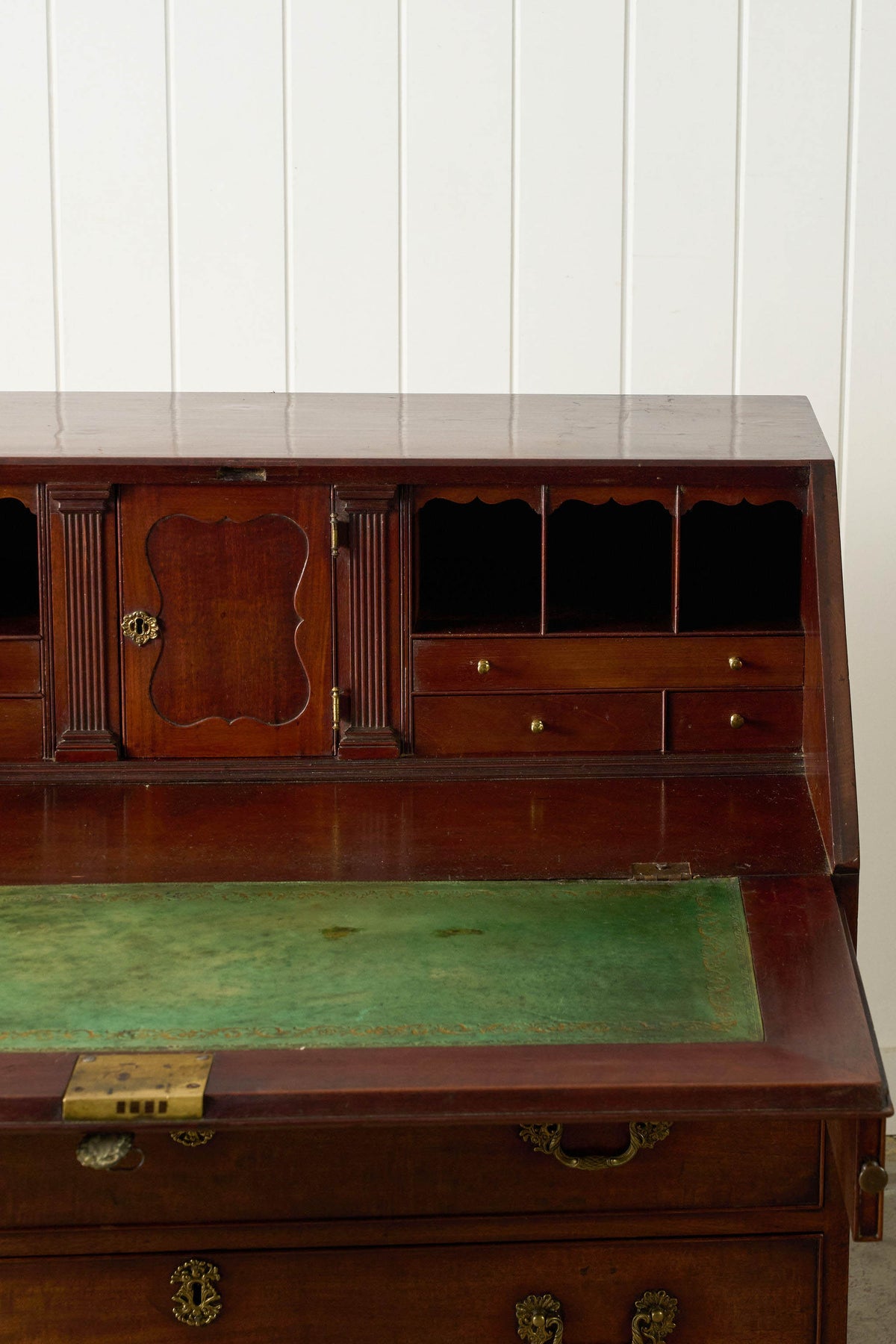Early Georgian Mahogany Bureau on Bracket Feet + Green Leather Interior (c. 1730)