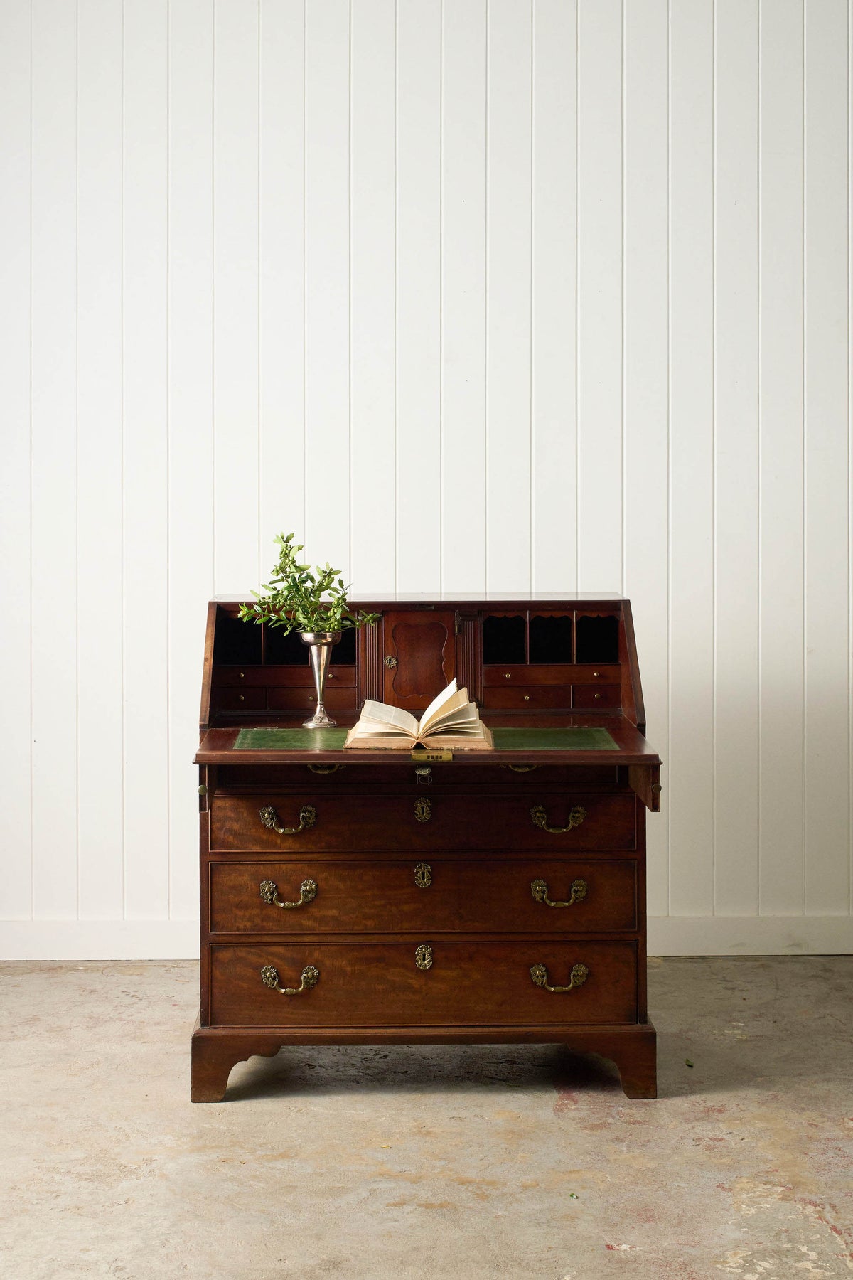 Early Georgian Mahogany Bureau on Bracket Feet + Green Leather Interior (c. 1730)