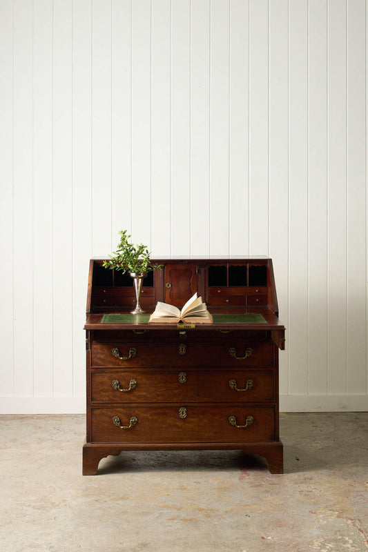 Early Georgian Mahogany Bureau on Bracket Feet + Green Leather Interior (c. 1730)