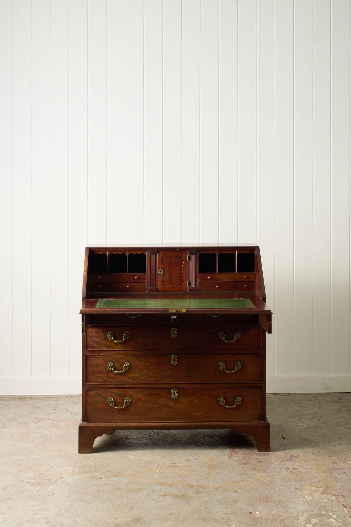 Early Georgian Mahogany Bureau on Bracket Feet + Green Leather Interior (c. 1730)