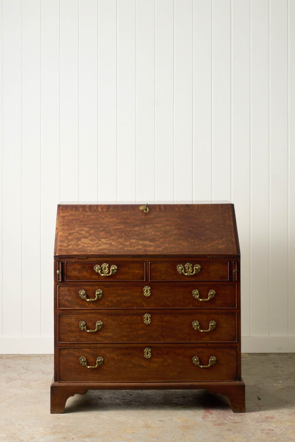 Early Georgian Mahogany Bureau on Bracket Feet + Green Leather Interior (c. 1730)