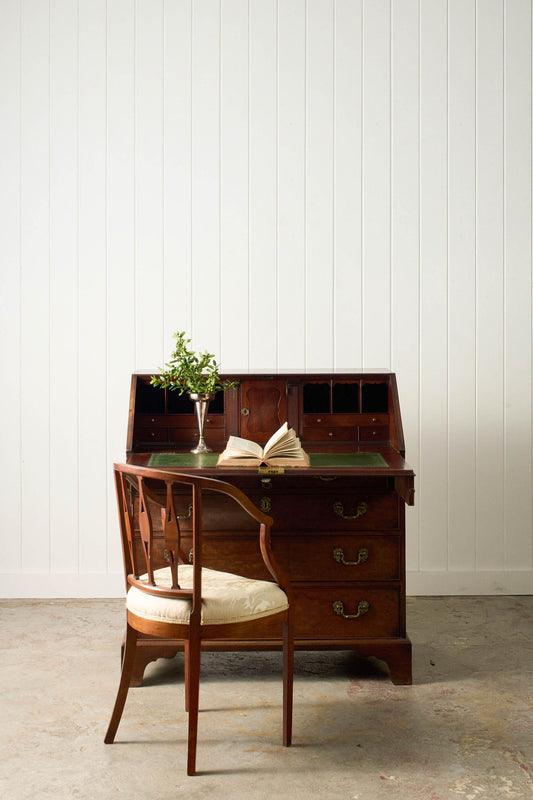 Early Georgian Mahogany Bureau on Bracket Feet + Green Leather Interior (c. 1730)