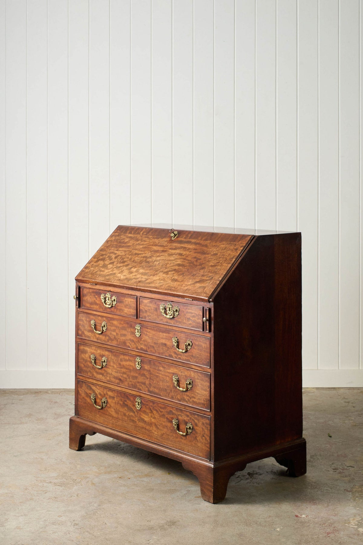 Early Georgian Mahogany Bureau on Bracket Feet + Green Leather Interior (c. 1730)