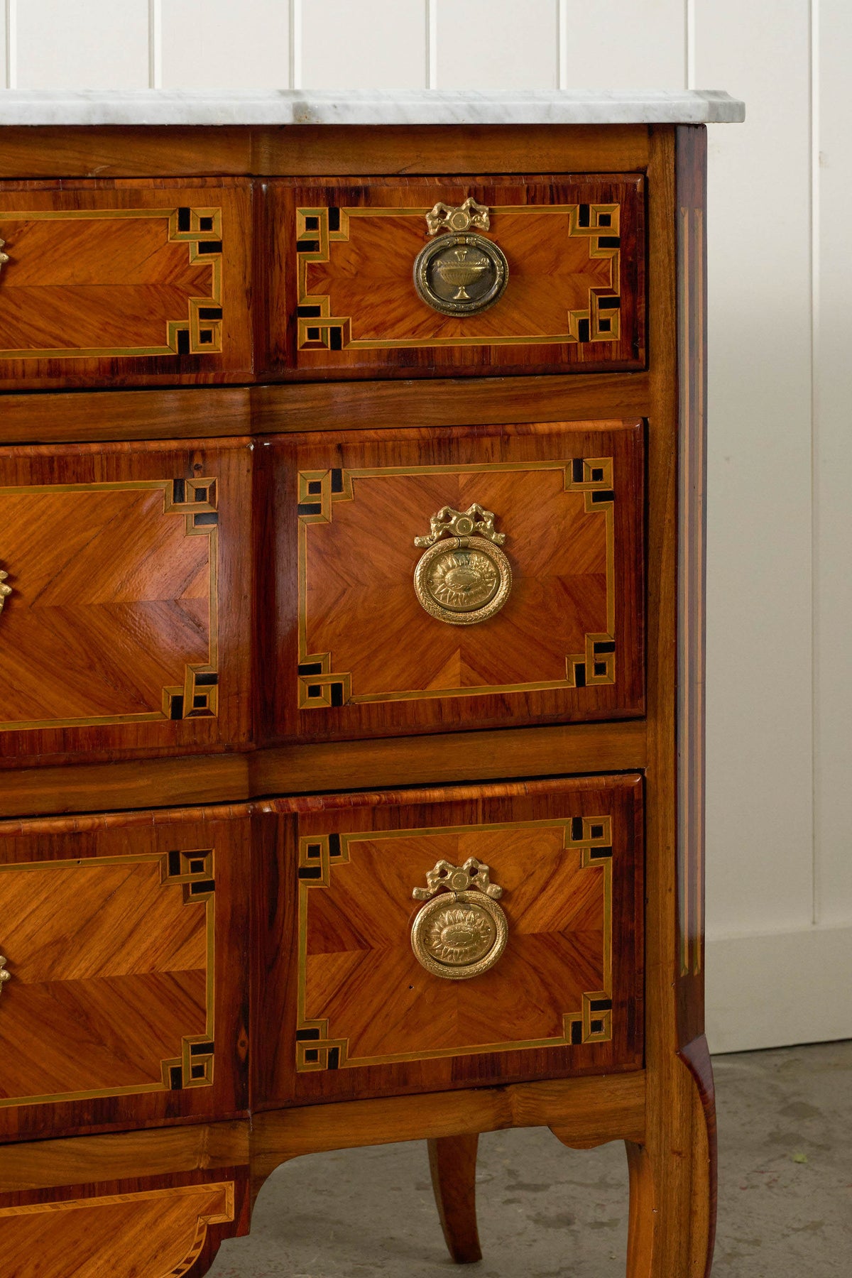 18th Century French Inlaid Commode with White Marble Top