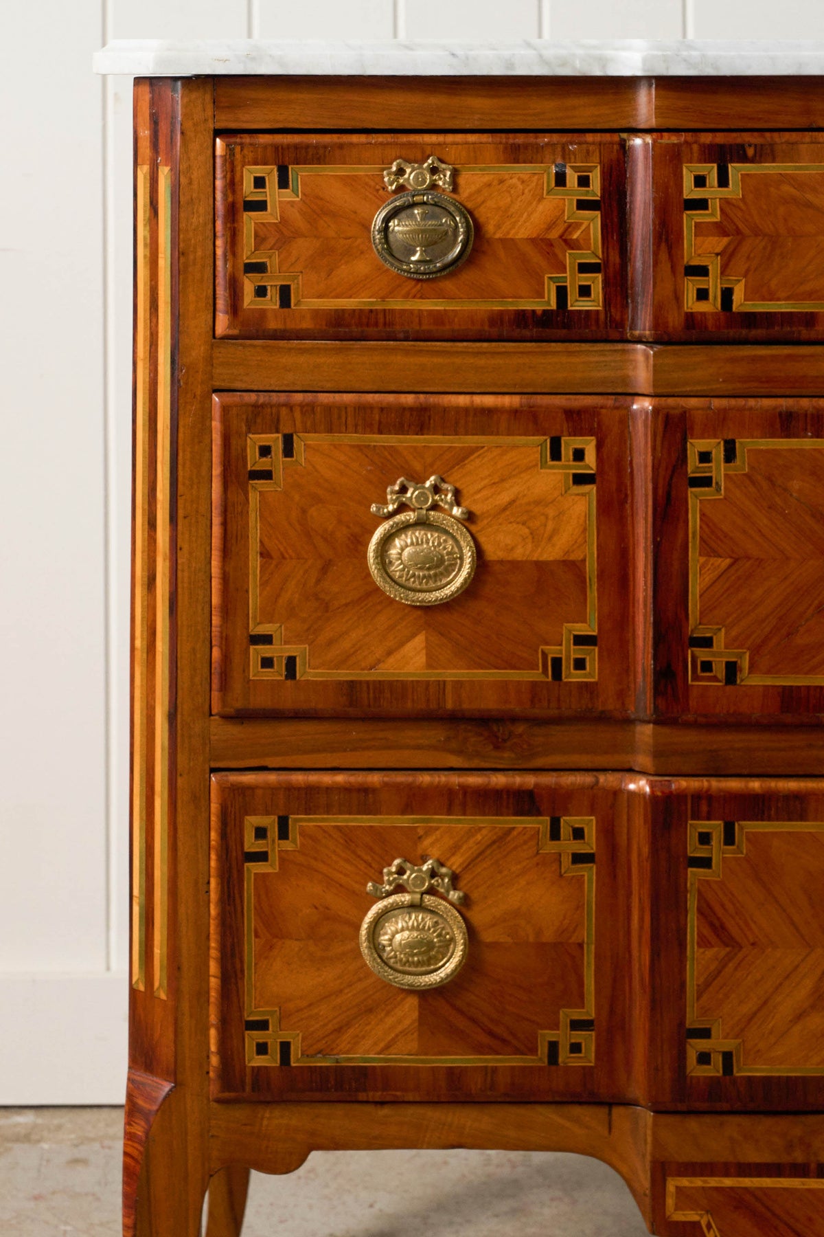 18th Century French Inlaid Commode with White Marble Top