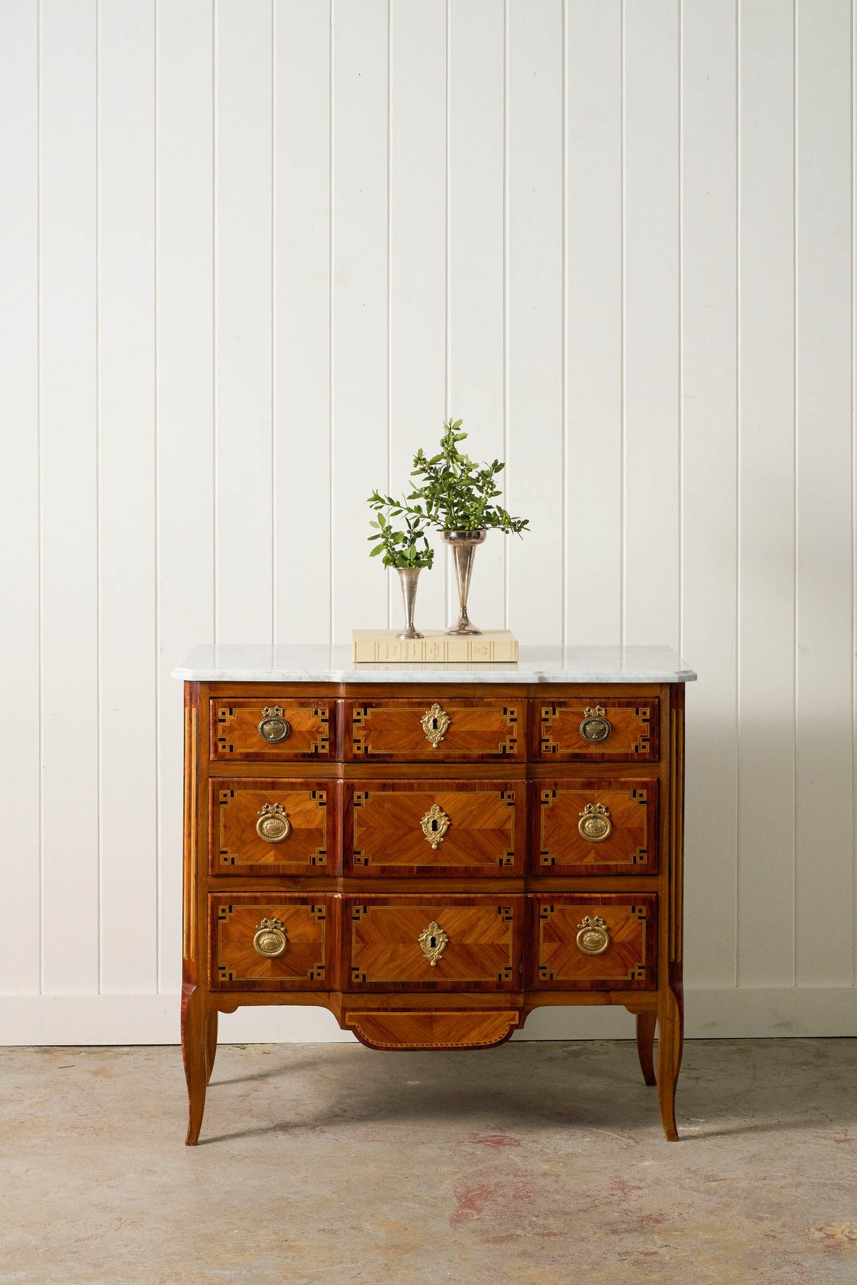 18th Century French Inlaid Commode with White Marble Top