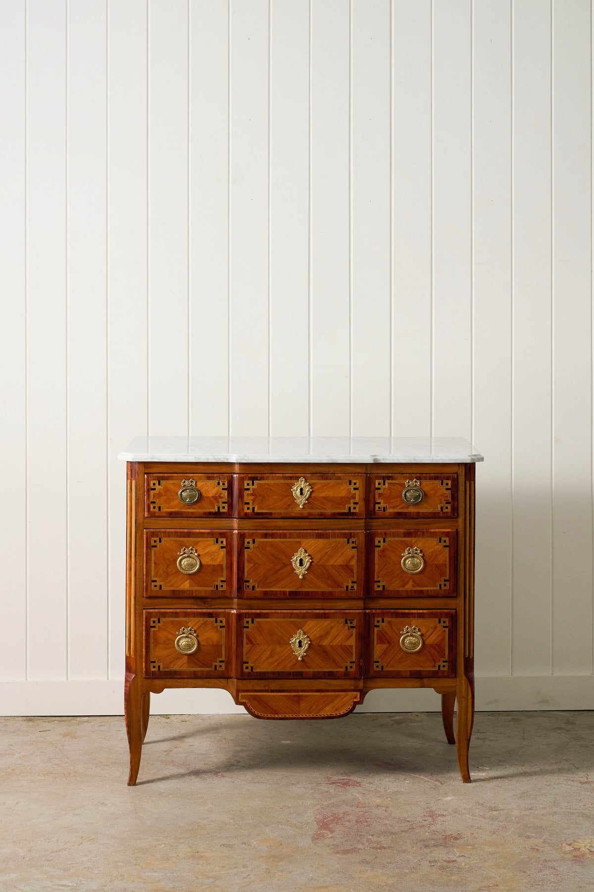 18th Century French Inlaid Commode with White Marble Top