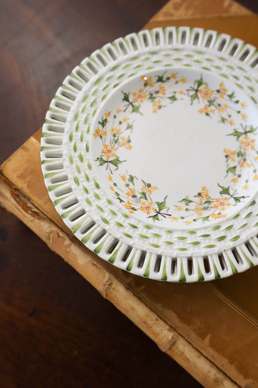 SET of 4 Handpainted Green + Yellow Floral Plates