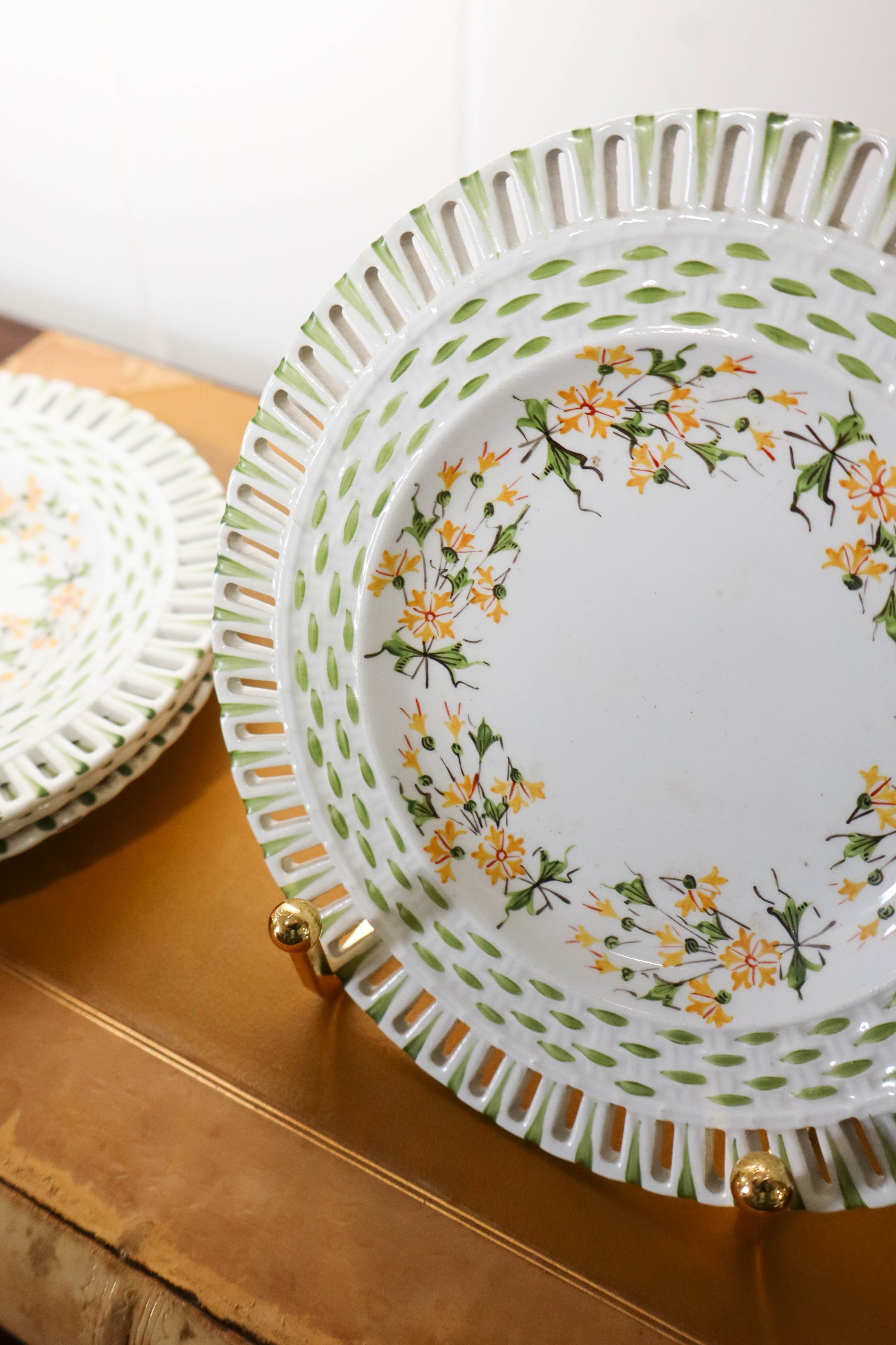 SET of 4 Handpainted Green + Yellow Floral Plates