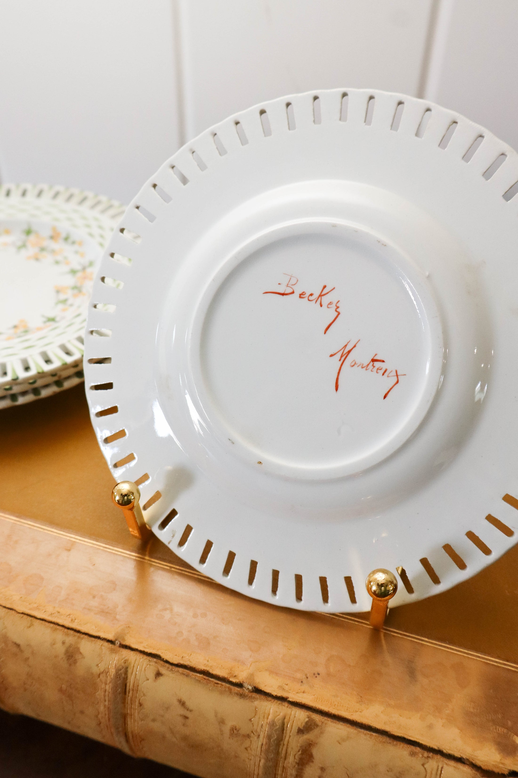 SET of 4 Handpainted Green + Yellow Floral Plates