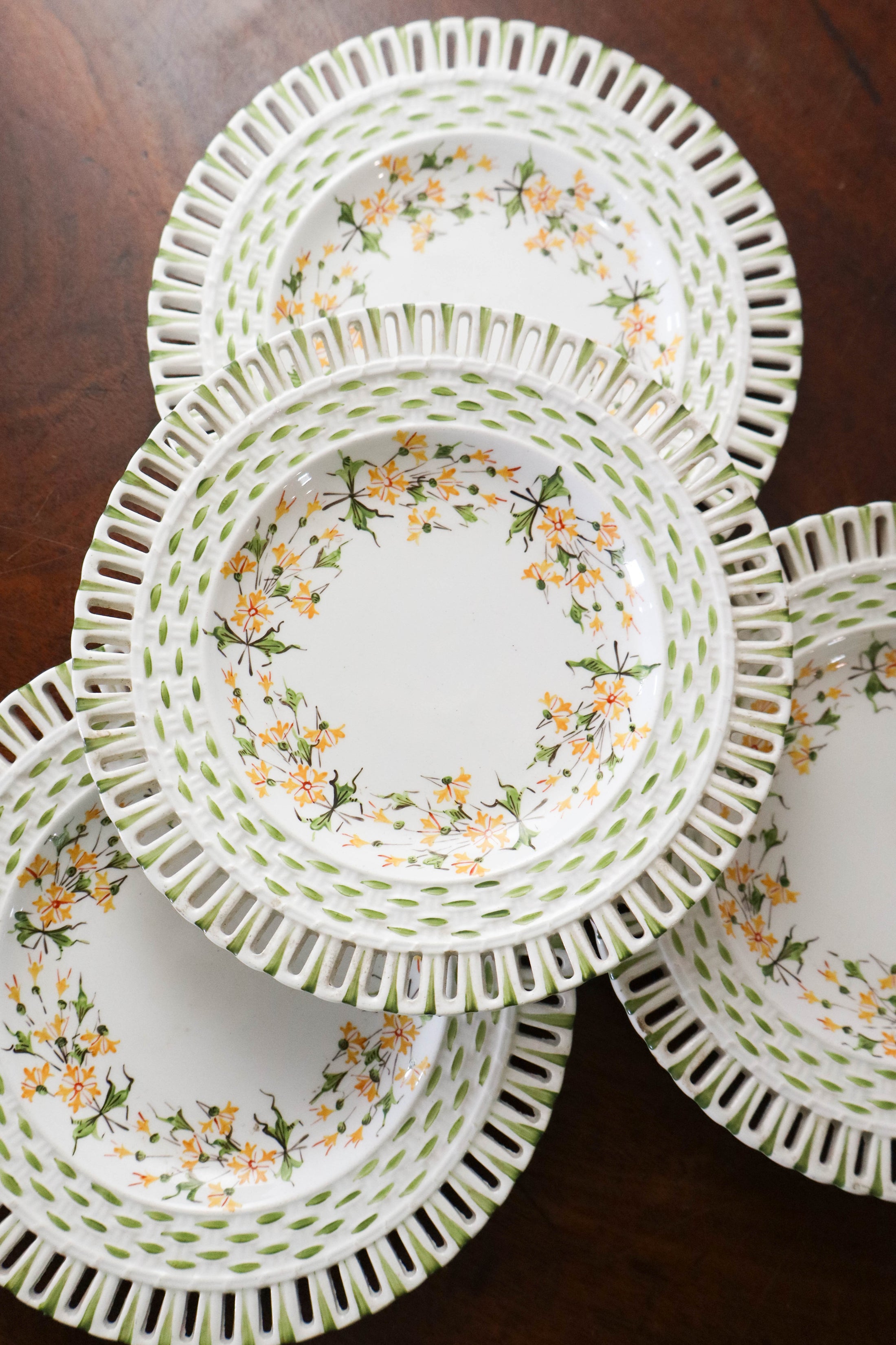 SET of 4 Handpainted Green + Yellow Floral Plates