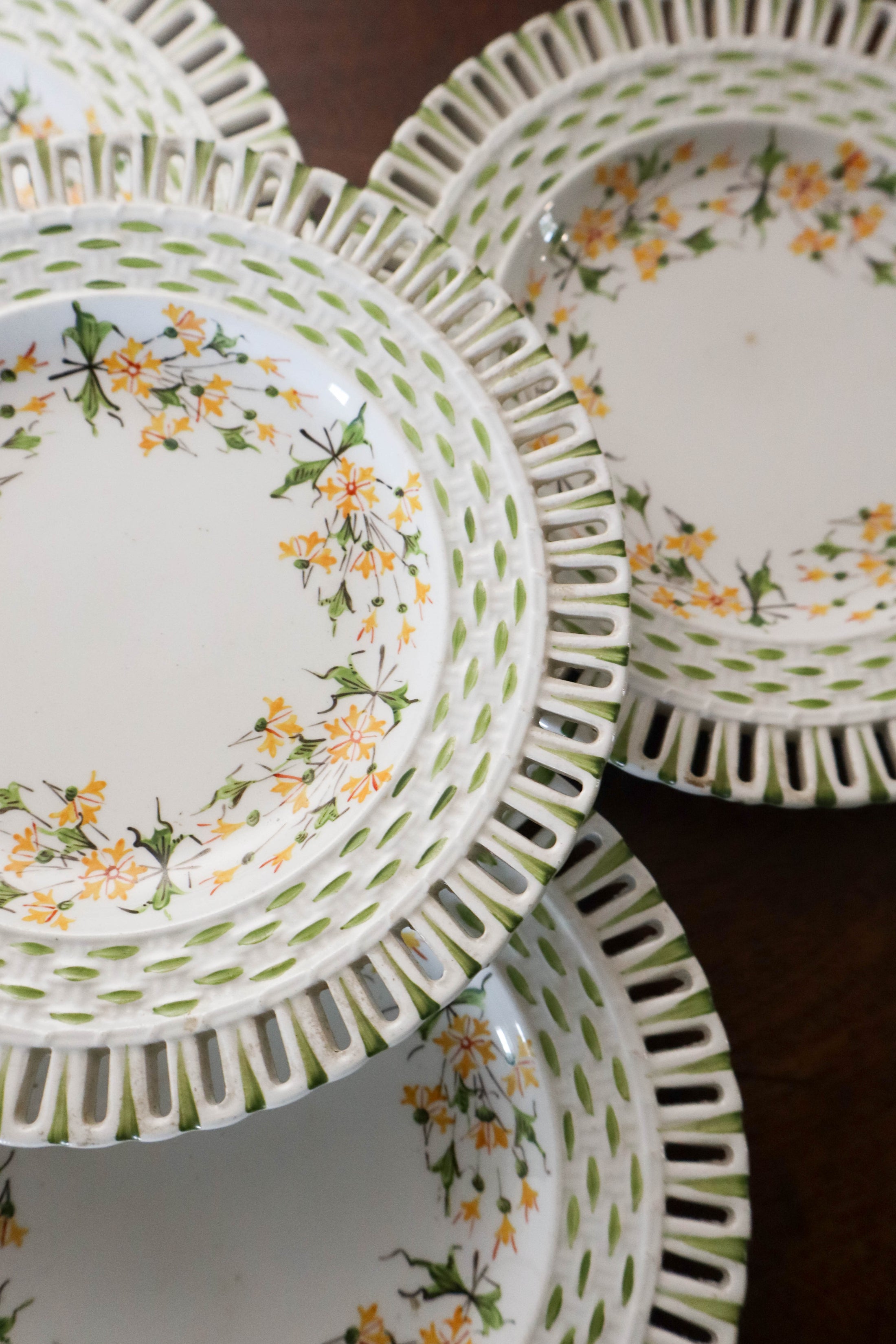 SET of 4 Handpainted Green + Yellow Floral Plates
