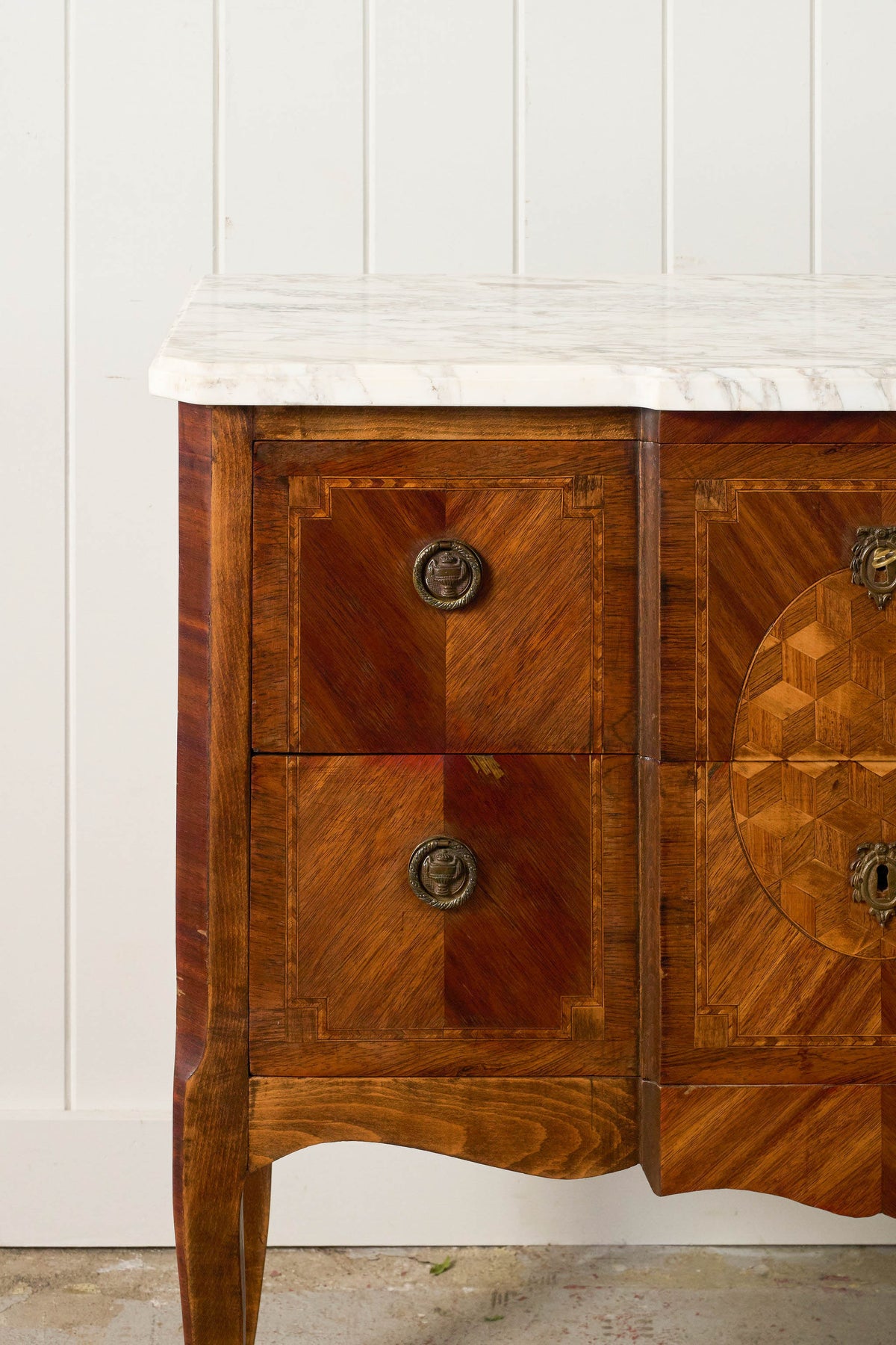 19th Century French Marquetry 2-Drawer Commode with Marble Top
