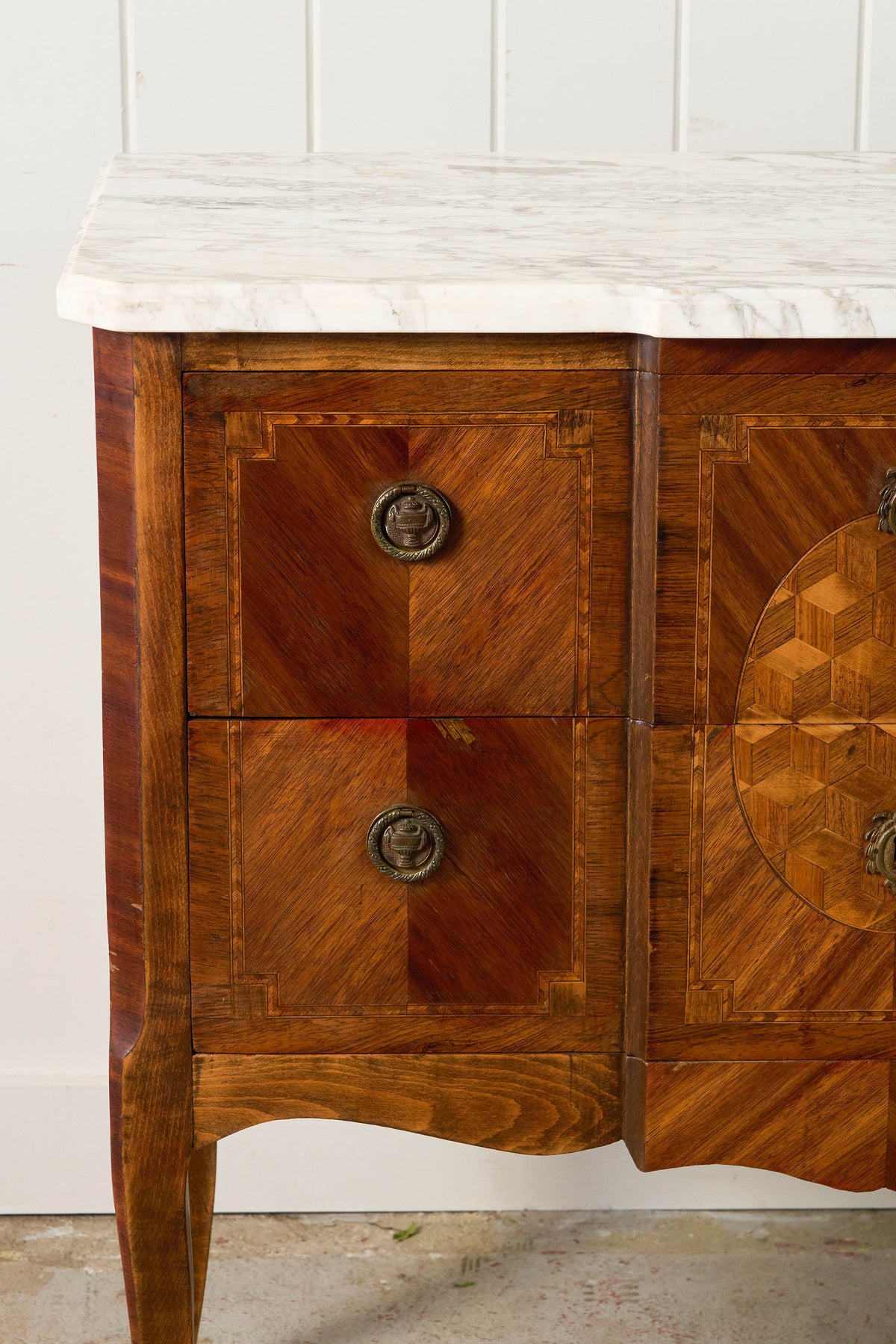 19th Century French Marquetry 2-Drawer Commode with Marble Top