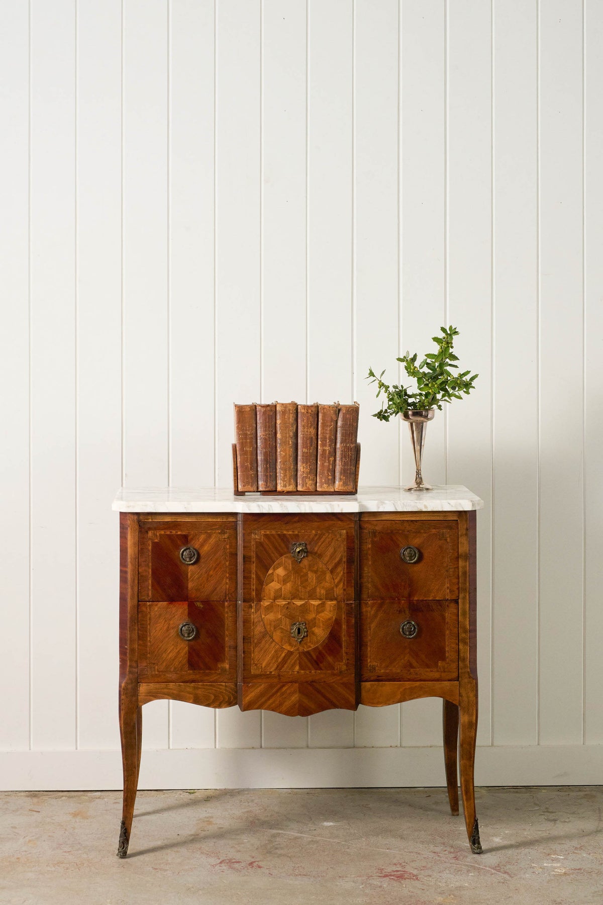 19th Century French Marquetry 2-Drawer Commode with Marble Top