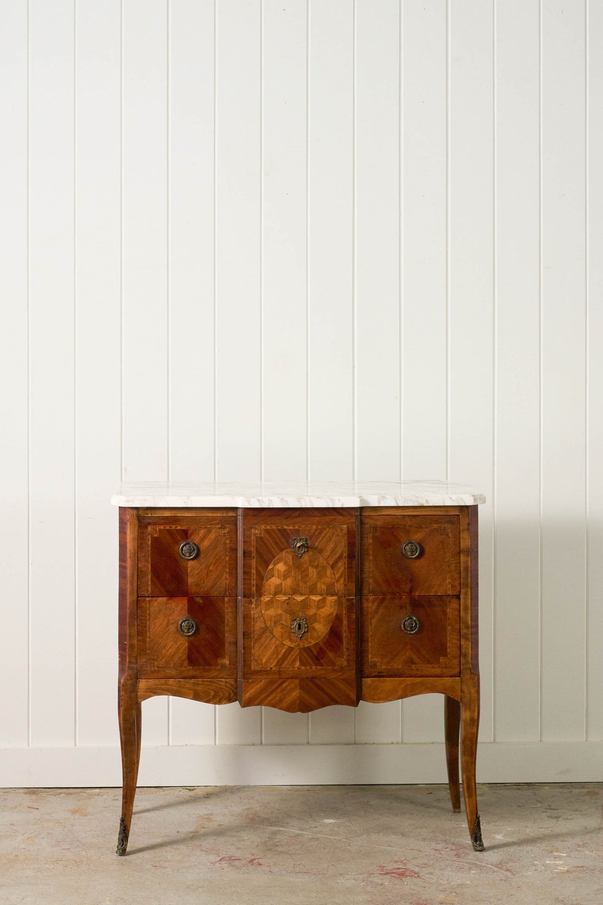 19th Century French Marquetry 2-Drawer Commode with Marble Top