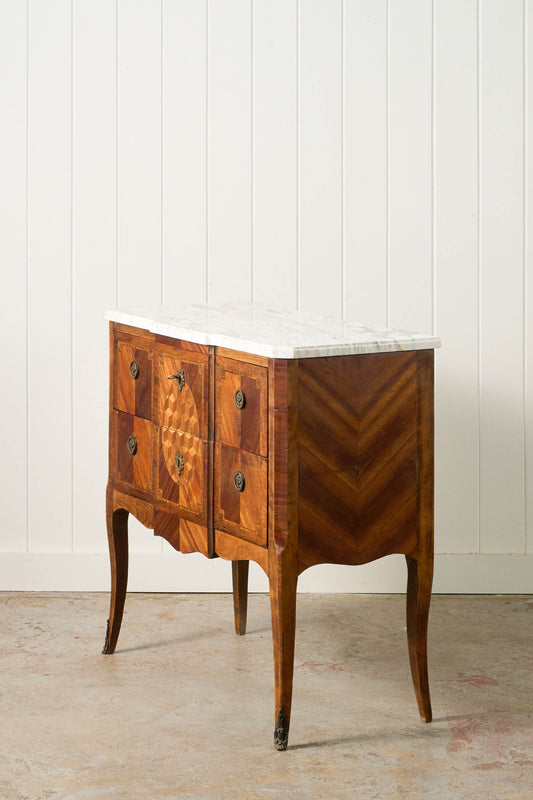 19th Century French Marquetry 2-Drawer Commode with Marble Top