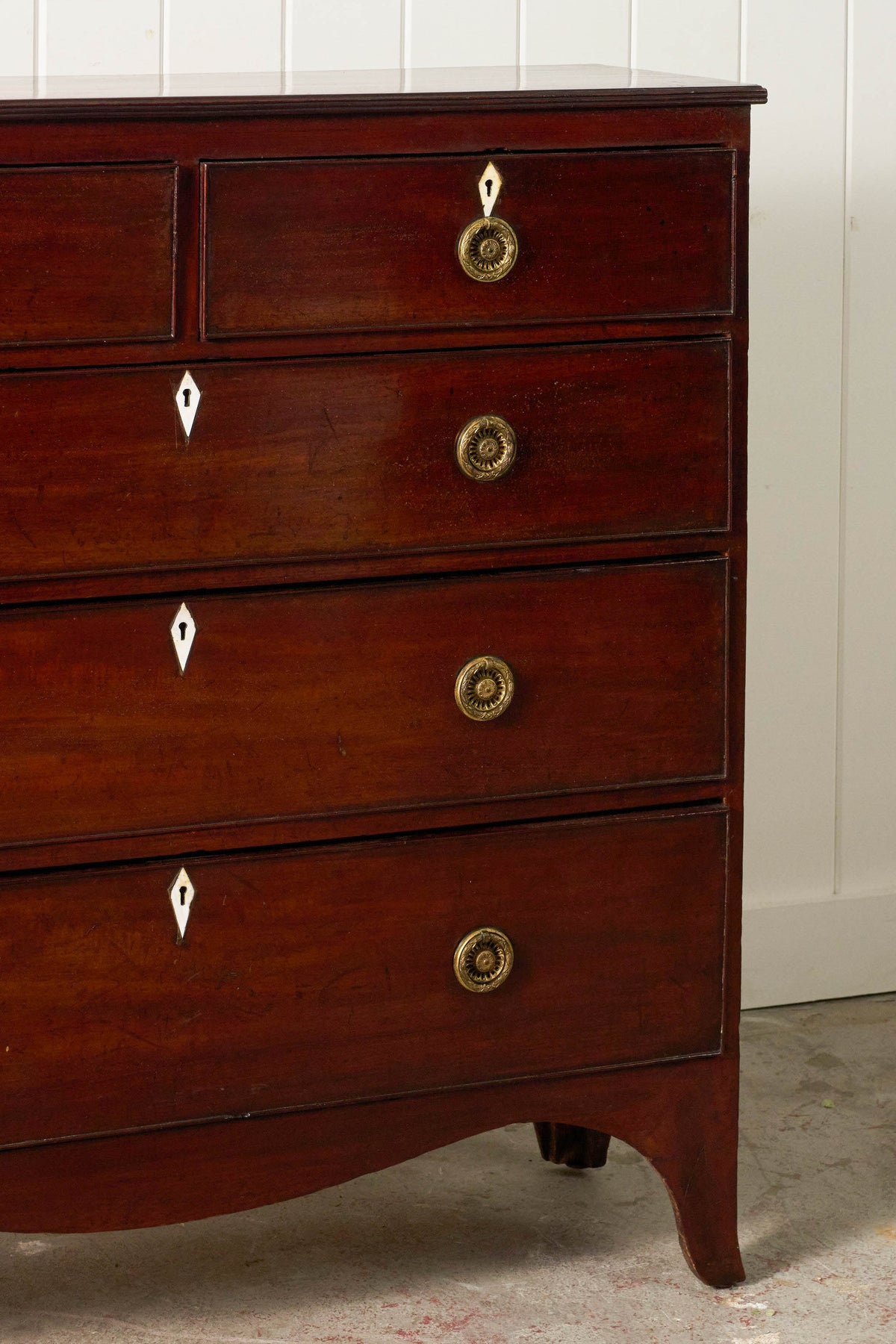 19th Century 2 Over 3 Mahogany Hall Chest With Brass Pulls + Bone Keyholes