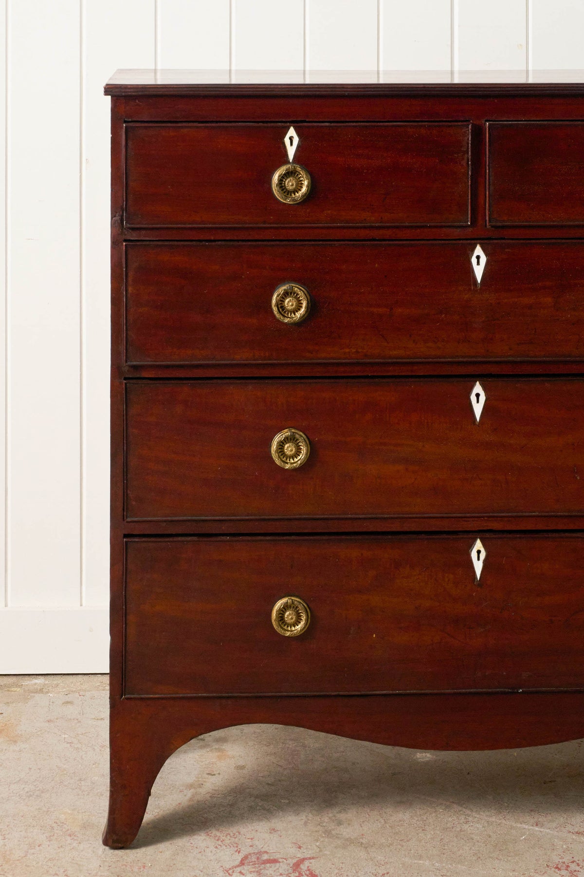 19th Century 2 Over 3 Mahogany Hall Chest With Brass Pulls + Bone Keyholes