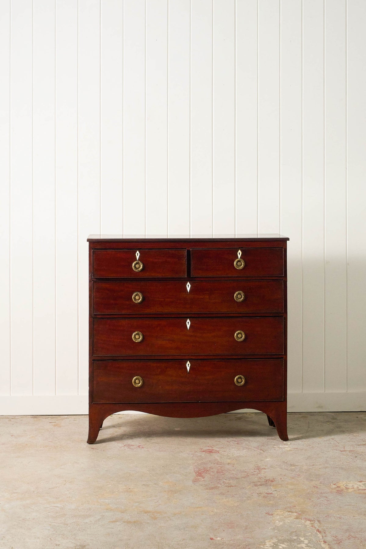19th Century 2 Over 3 Mahogany Hall Chest With Brass Pulls + Bone Keyholes