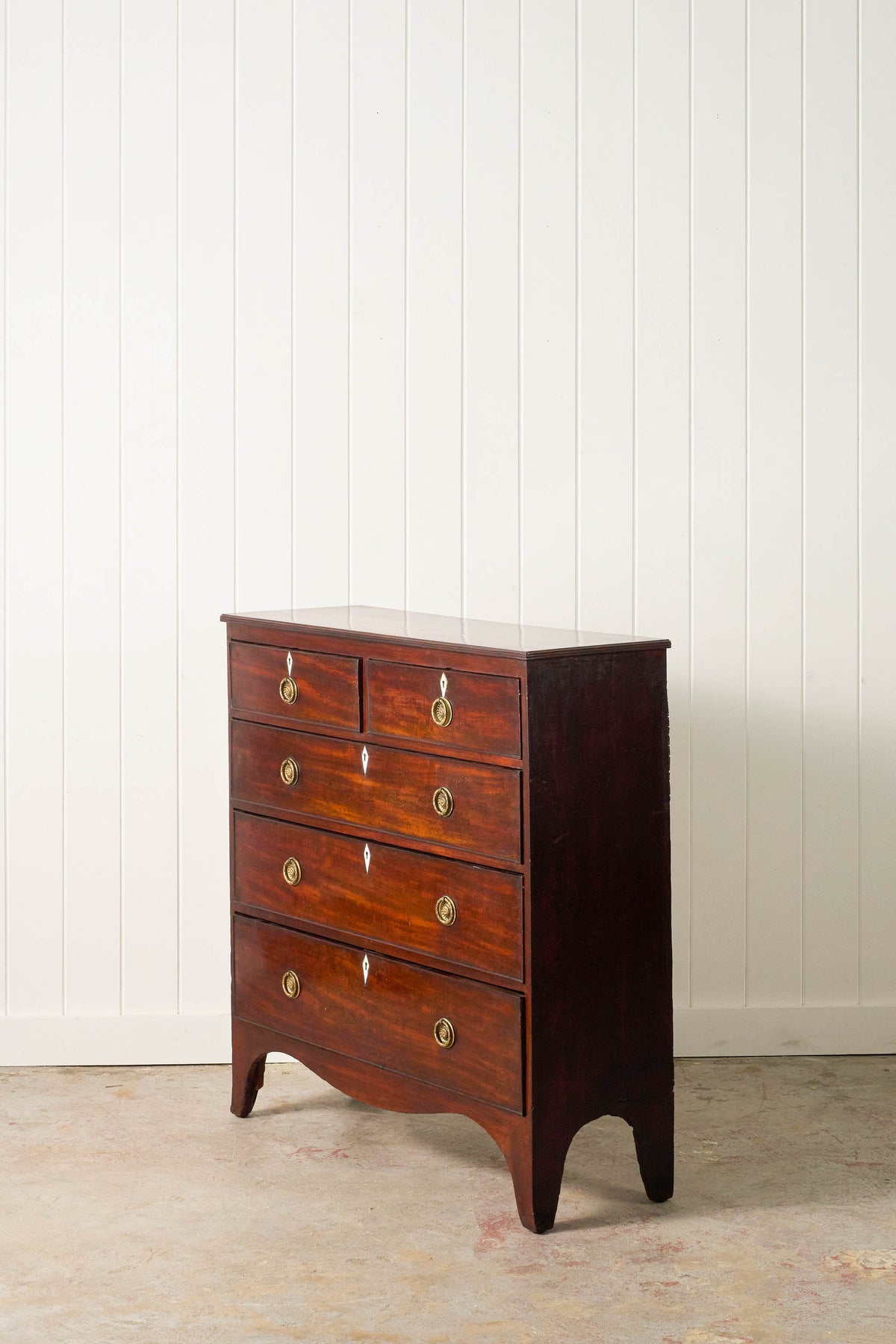 19th Century 2 Over 3 Mahogany Hall Chest With Brass Pulls + Bone Keyholes