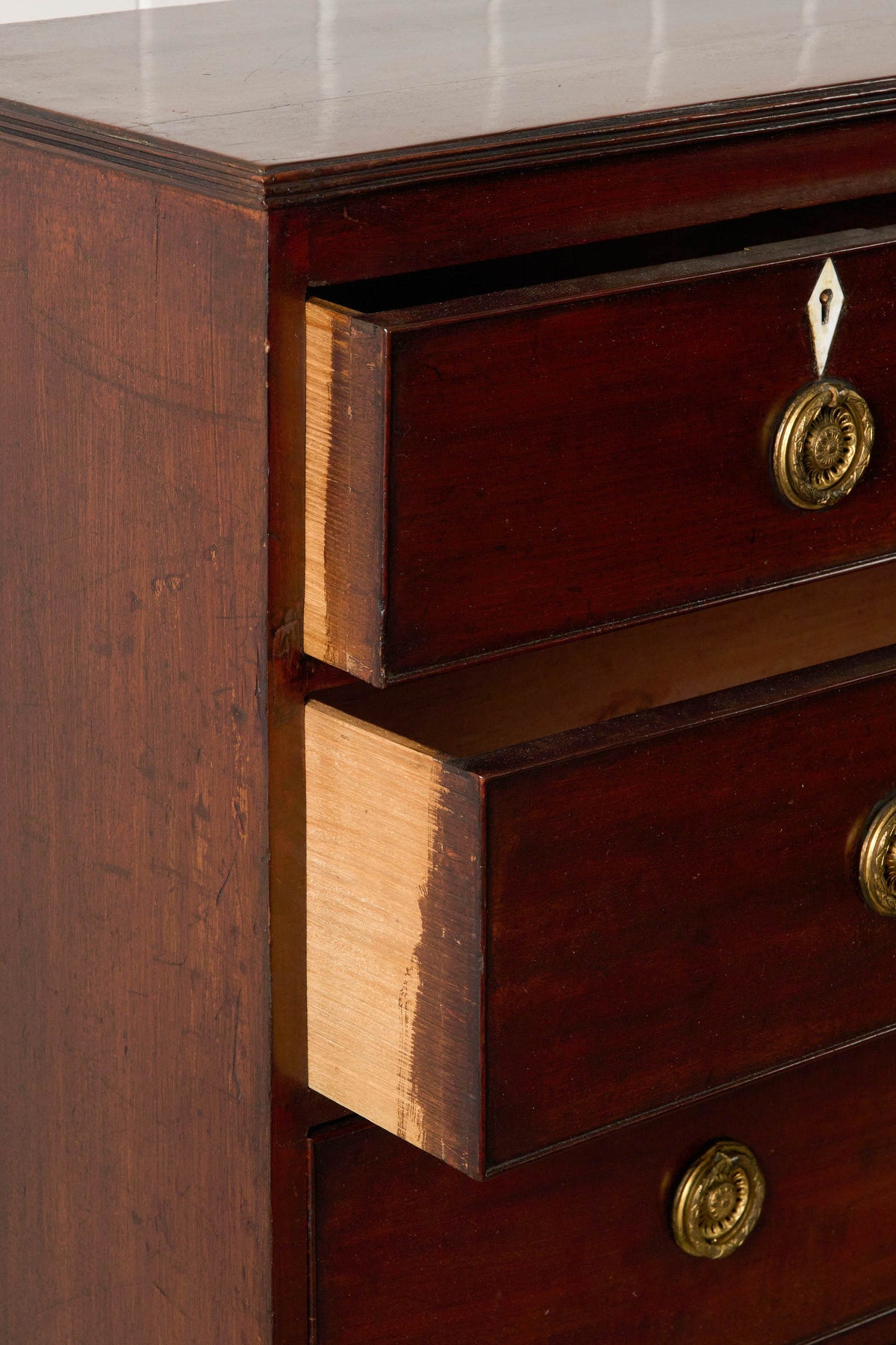 19th Century 2 Over 3 Mahogany Hall Chest With Brass Pulls + Bone Keyholes