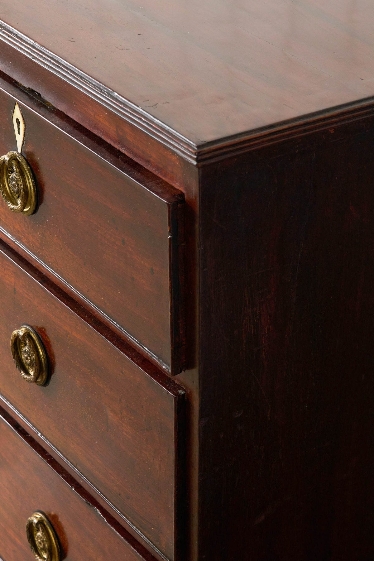 19th Century 2 Over 3 Mahogany Hall Chest With Brass Pulls + Bone Keyholes