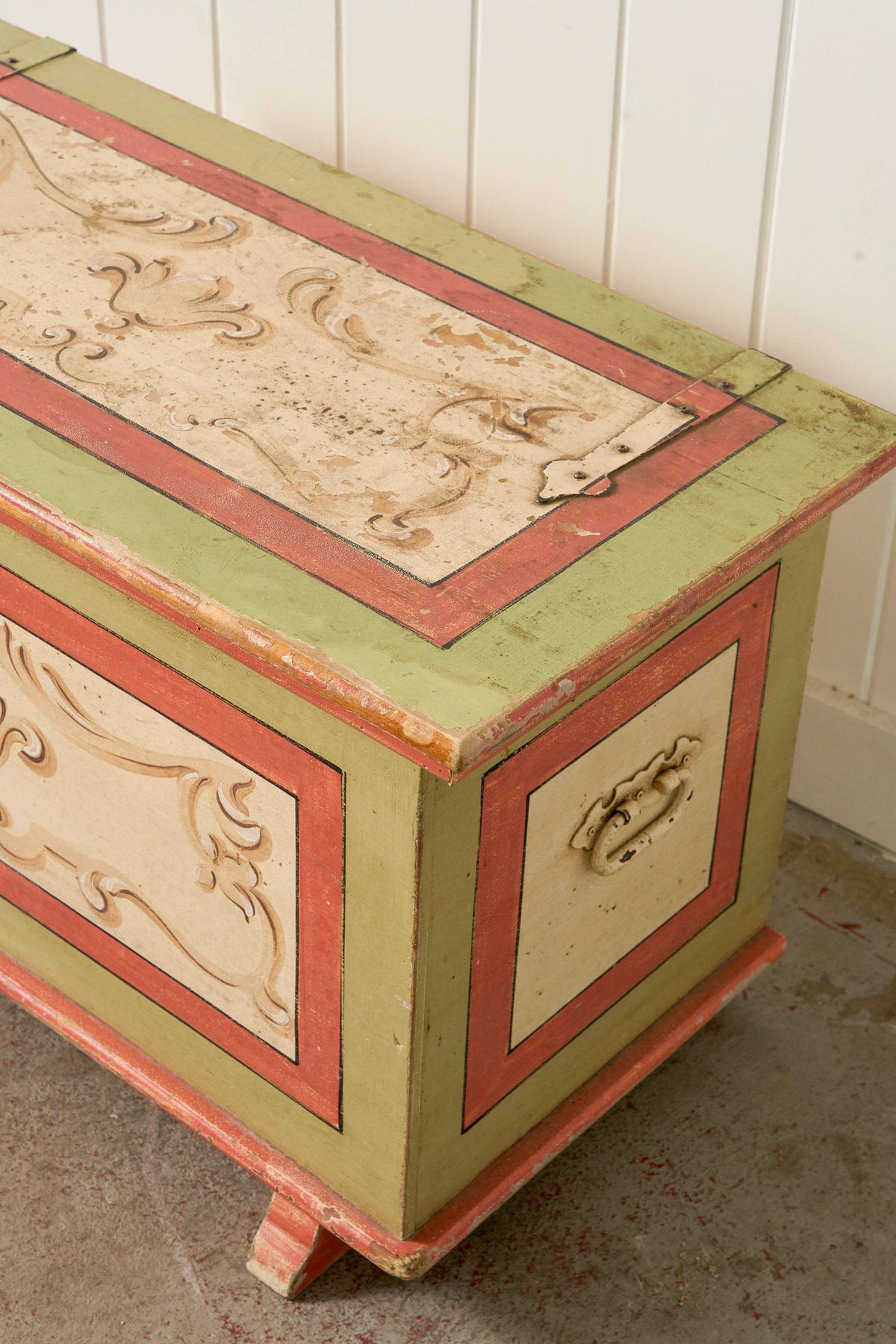 Antique Italian Hand Painted Italian Pink + Green Pine Trunk