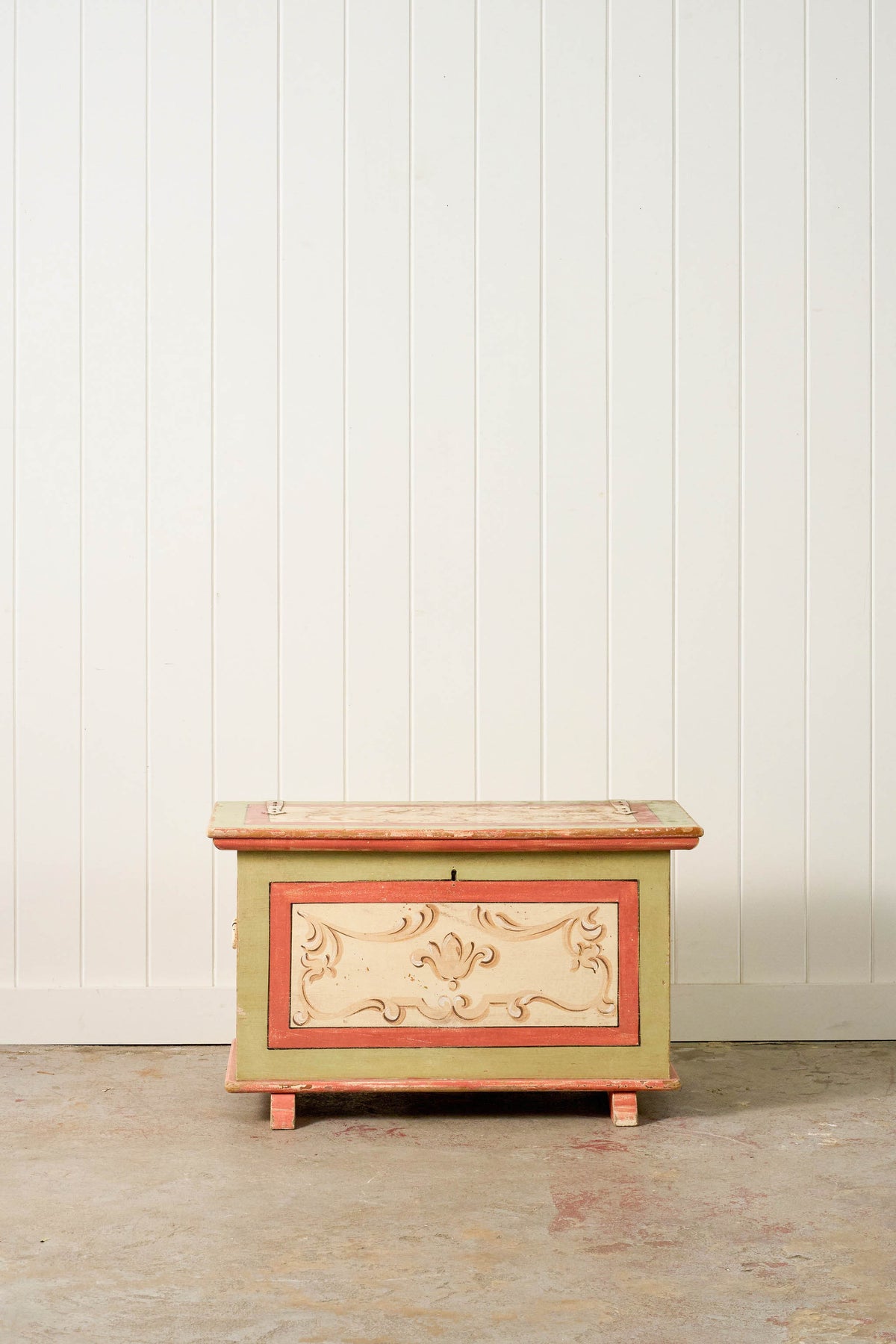 Antique Italian Hand Painted Italian Pink + Green Pine Trunk