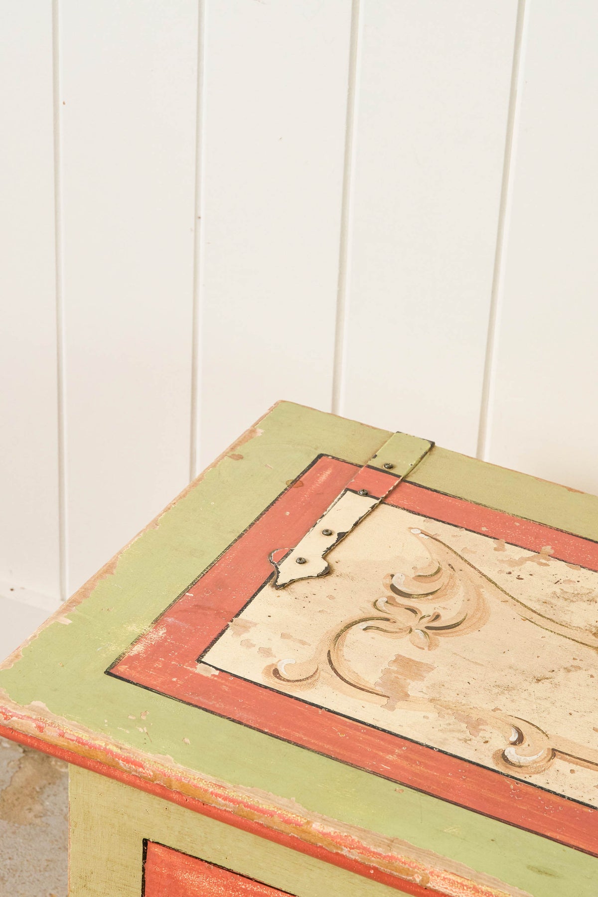 Antique Italian Hand Painted Italian Pink + Green Pine Trunk