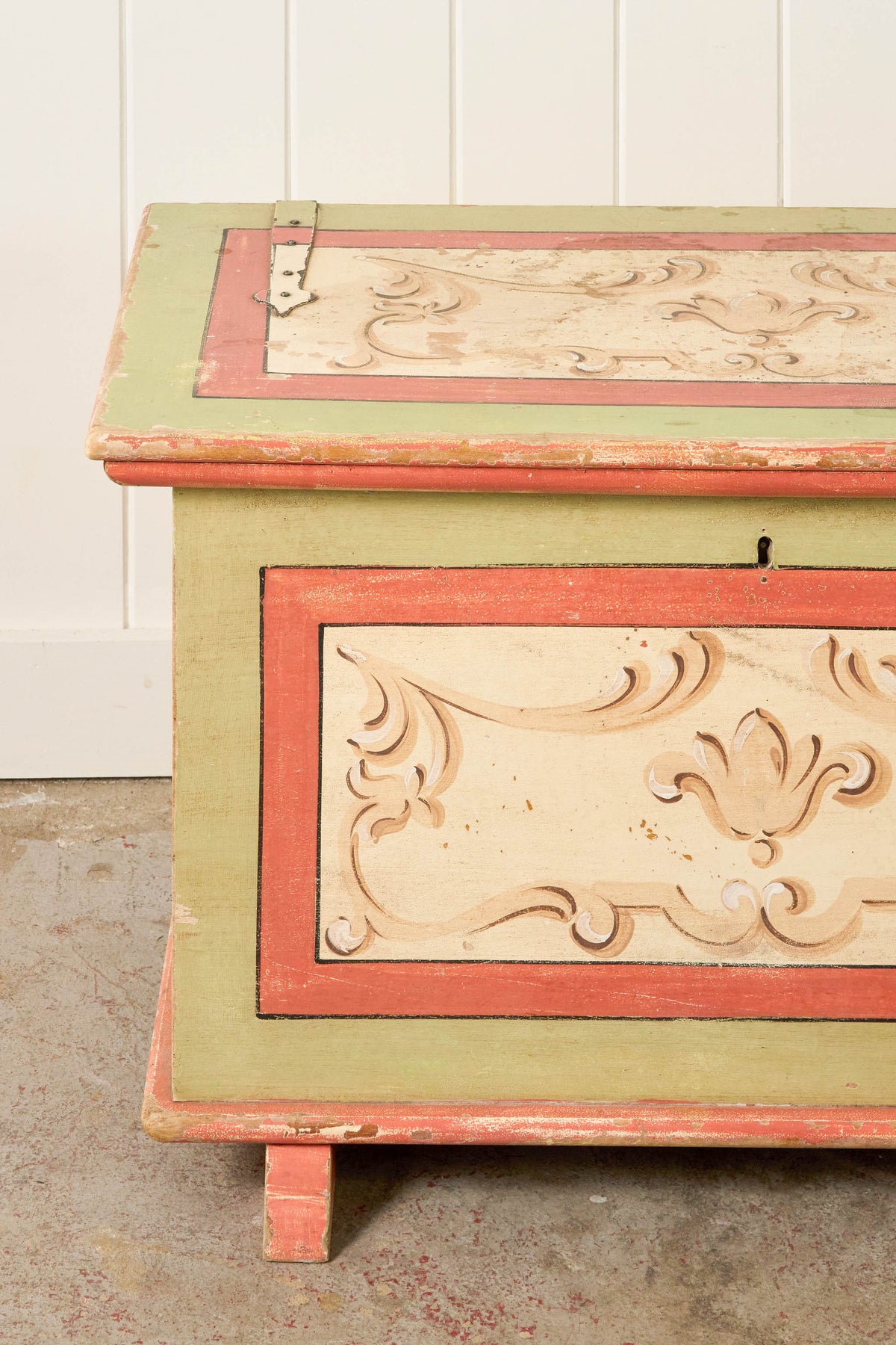 Antique Italian Hand Painted Italian Pink + Green Pine Trunk