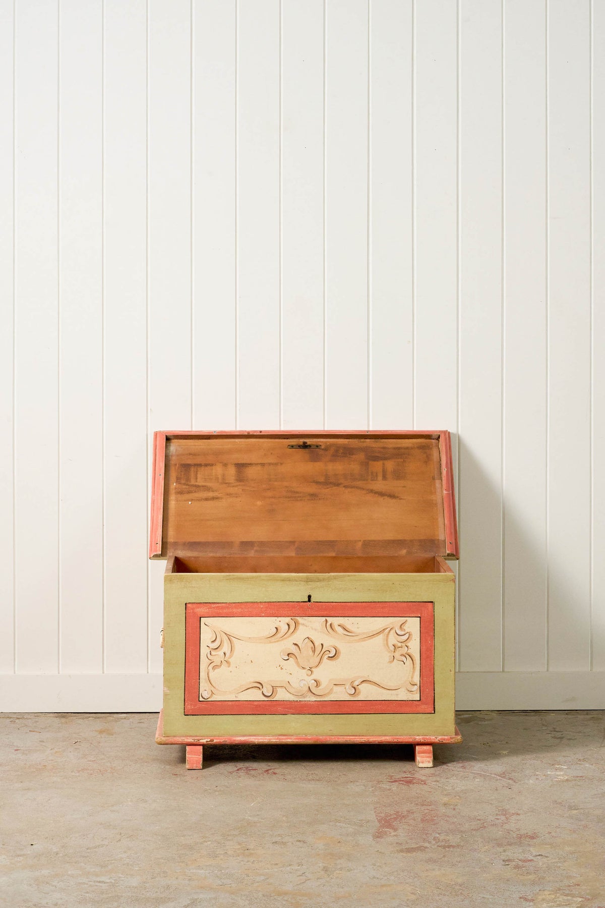 Antique Italian Hand Painted Italian Pink + Green Pine Trunk
