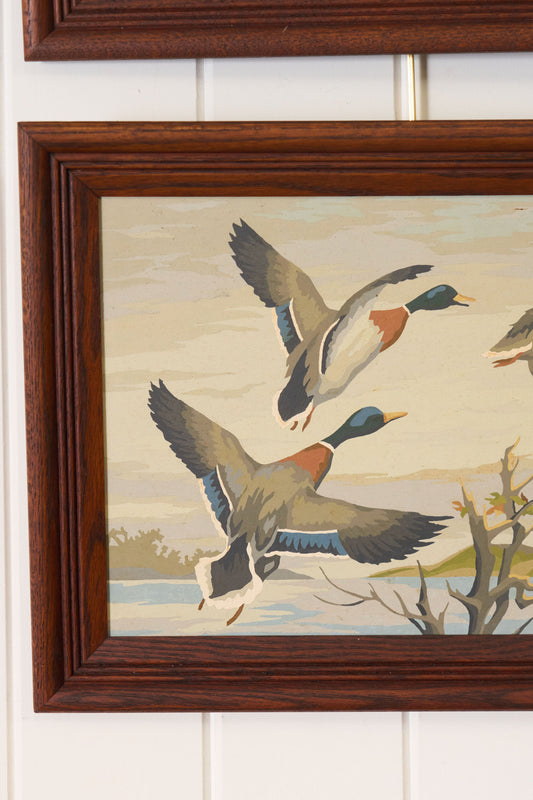 PAIR of Vintage Paint By Number Duck and Pheasants in Oak Frames