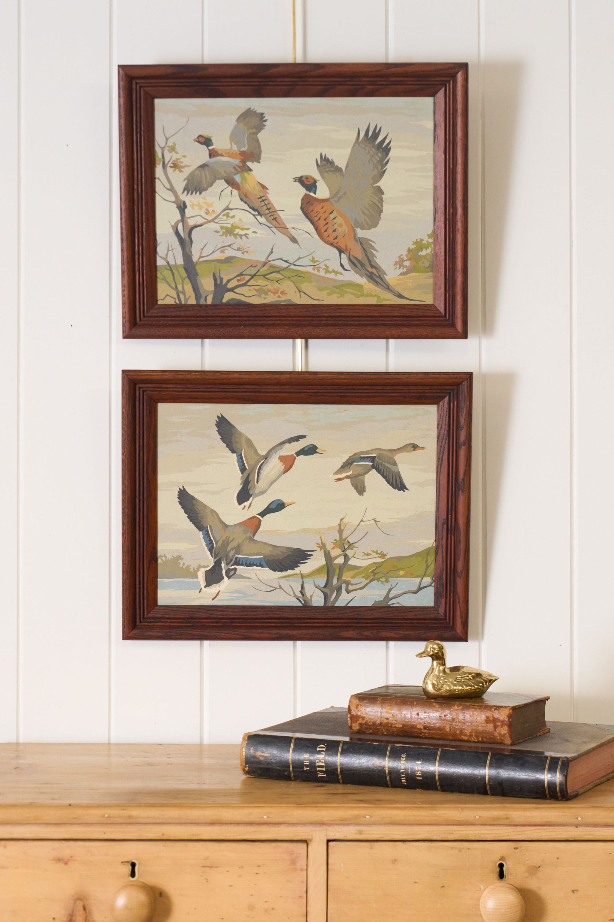PAIR of Vintage Paint By Number Duck and Pheasants in Oak Frames