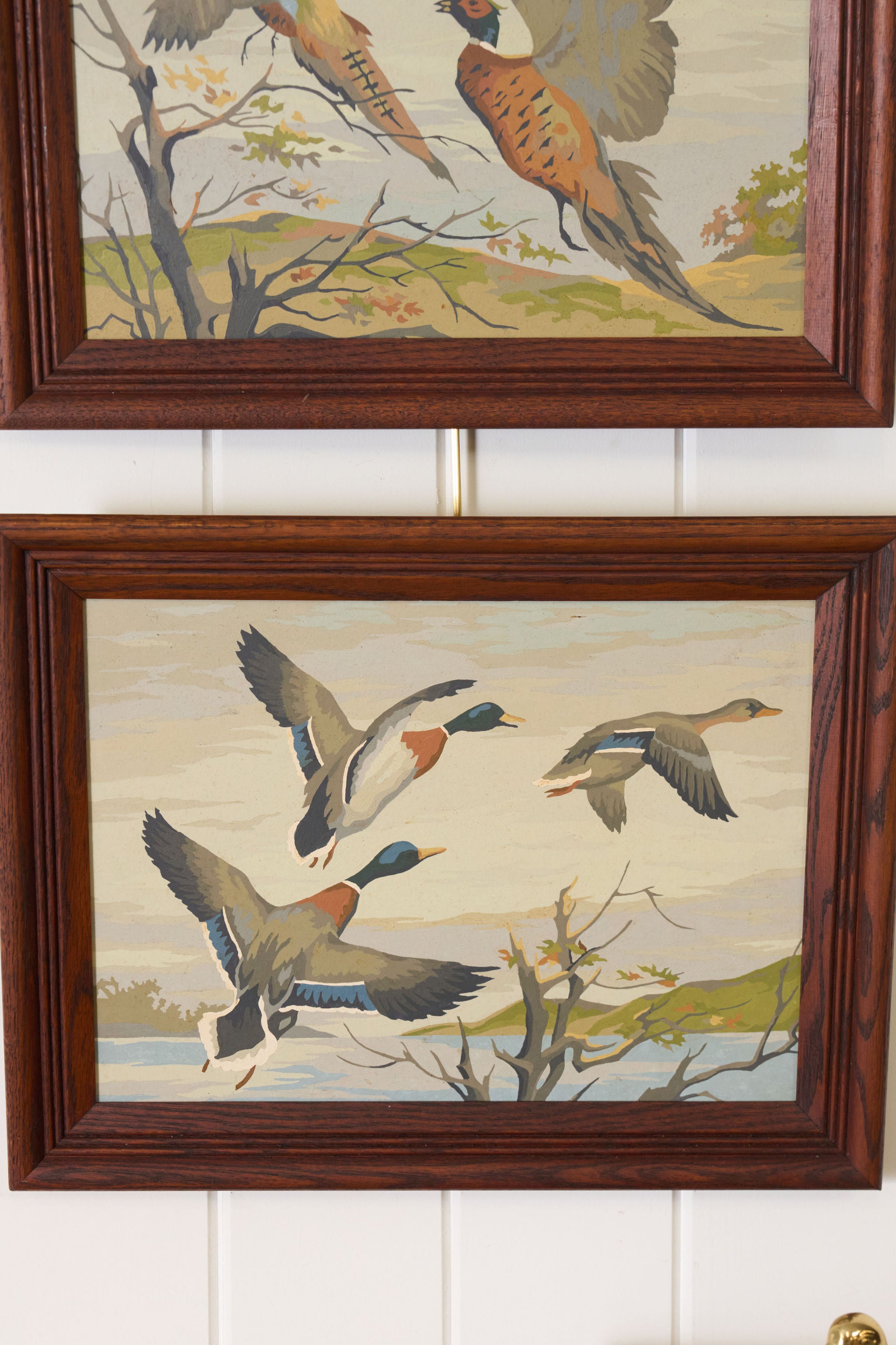 PAIR of Vintage Paint By Number Duck and Pheasants in Oak Frames