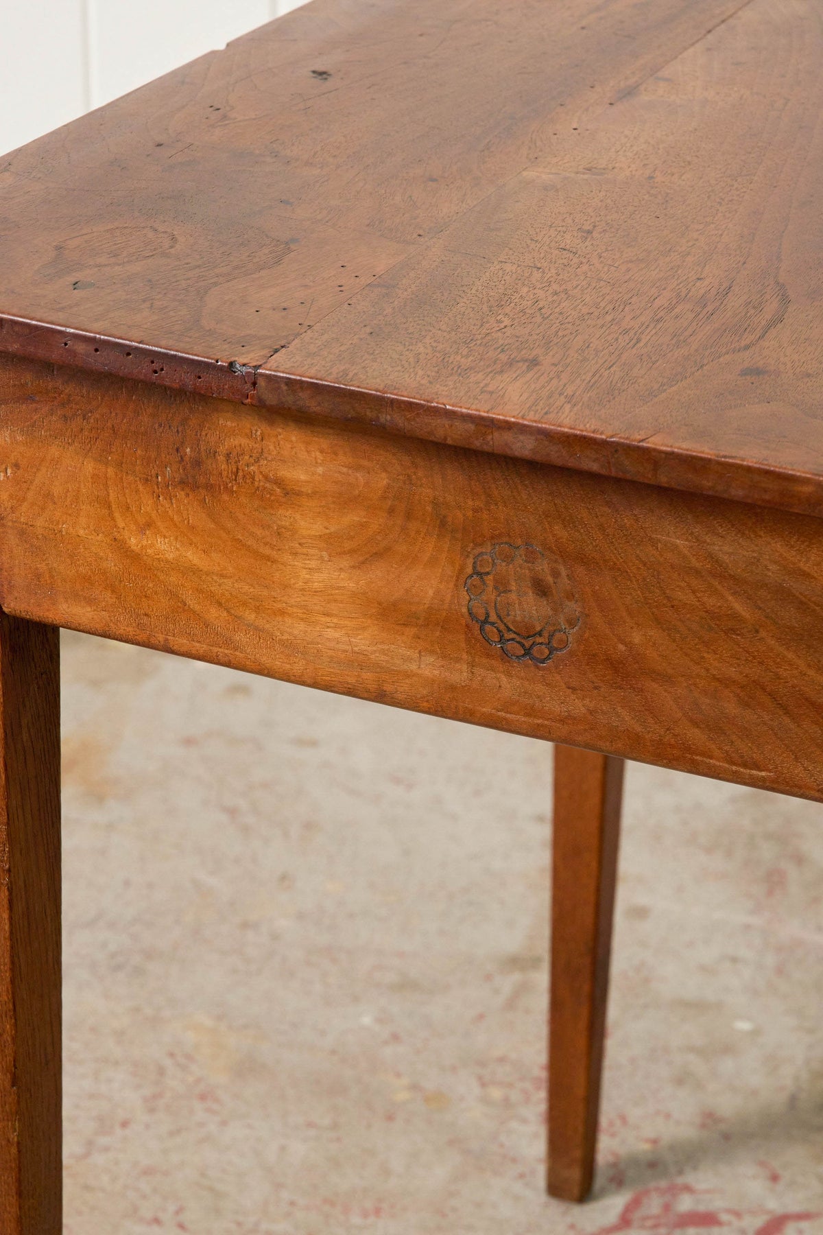 19th Century French Walnut Single Drawer Side Table with Tapered Legs (from a French Monastery; marking on side)