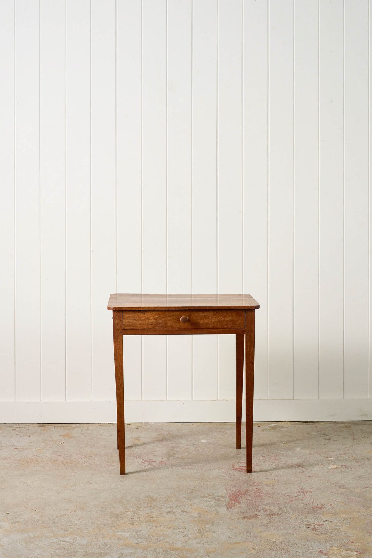 19th Century French Walnut Single Drawer Side Table with Tapered Legs (from a French Monastery; marking on side)