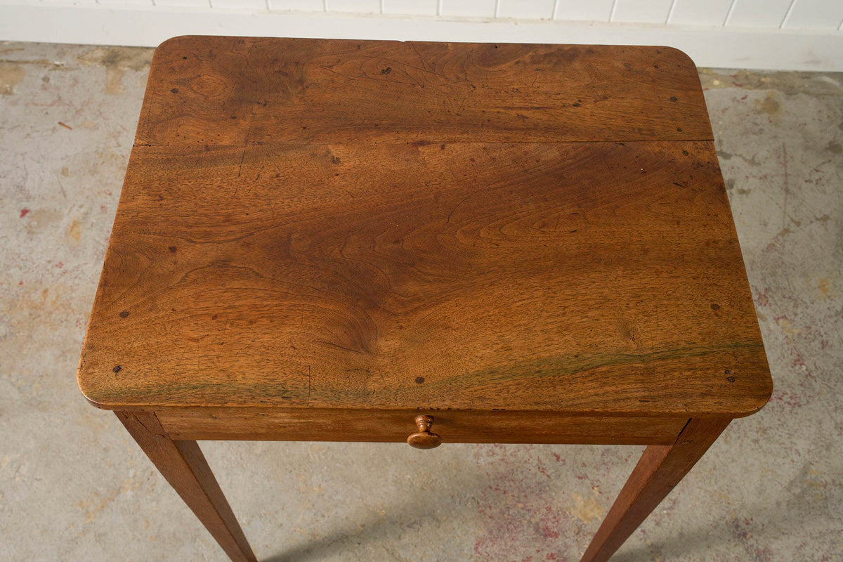 19th Century French Walnut Single Drawer Side Table with Tapered Legs (from a French Monastery; marking on side)