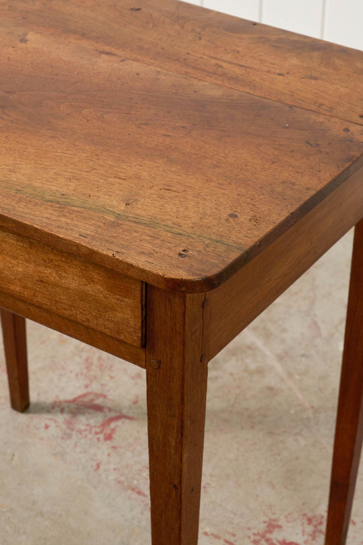 19th Century French Walnut Single Drawer Side Table with Tapered Legs (from a French Monastery; marking on side)