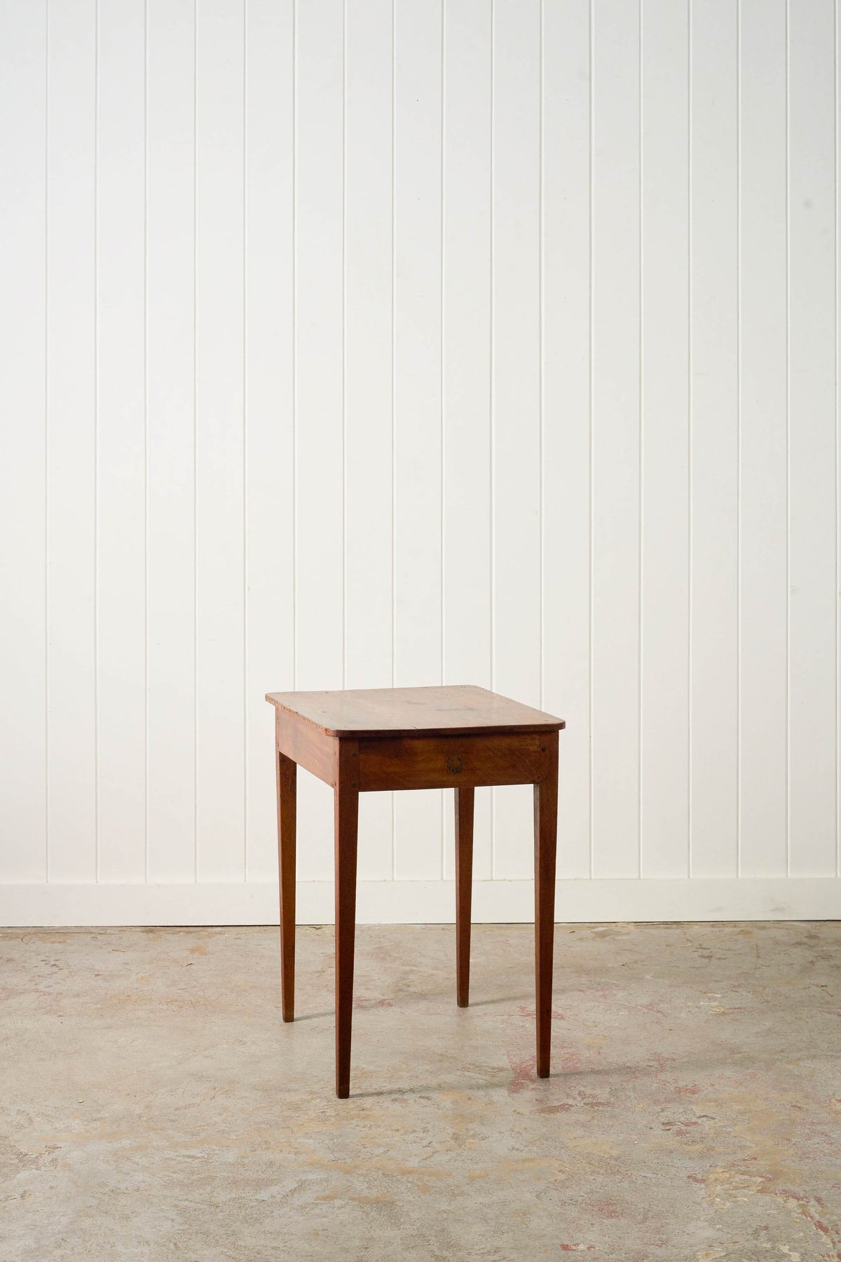 19th Century French Walnut Single Drawer Side Table with Tapered Legs (from a French Monastery; marking on side)