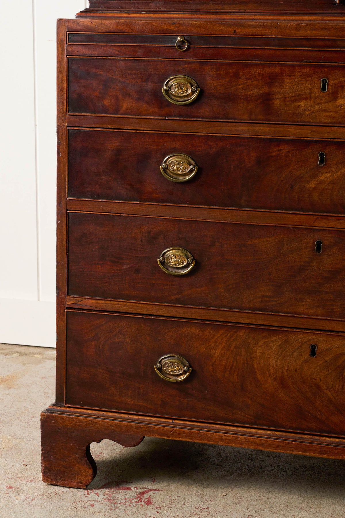 George III Mahogany Glass front Bookcase With Brushing Slide And Greek Key Pediment