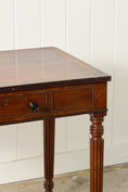 Load image into Gallery viewer, 19th Century English Mahogany Single Drawer Writing Table with Inlay Top + Fluted Legs
