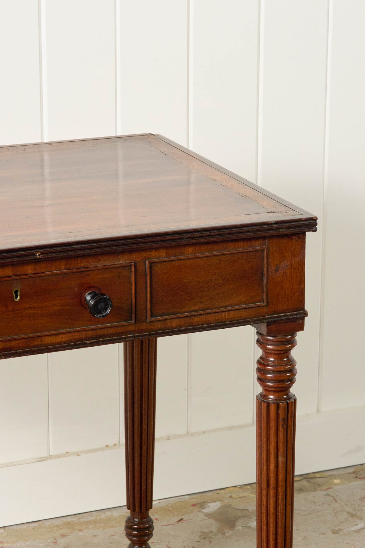19th Century English Mahogany Single Drawer Writing Table with Inlay Top + Fluted Legs
